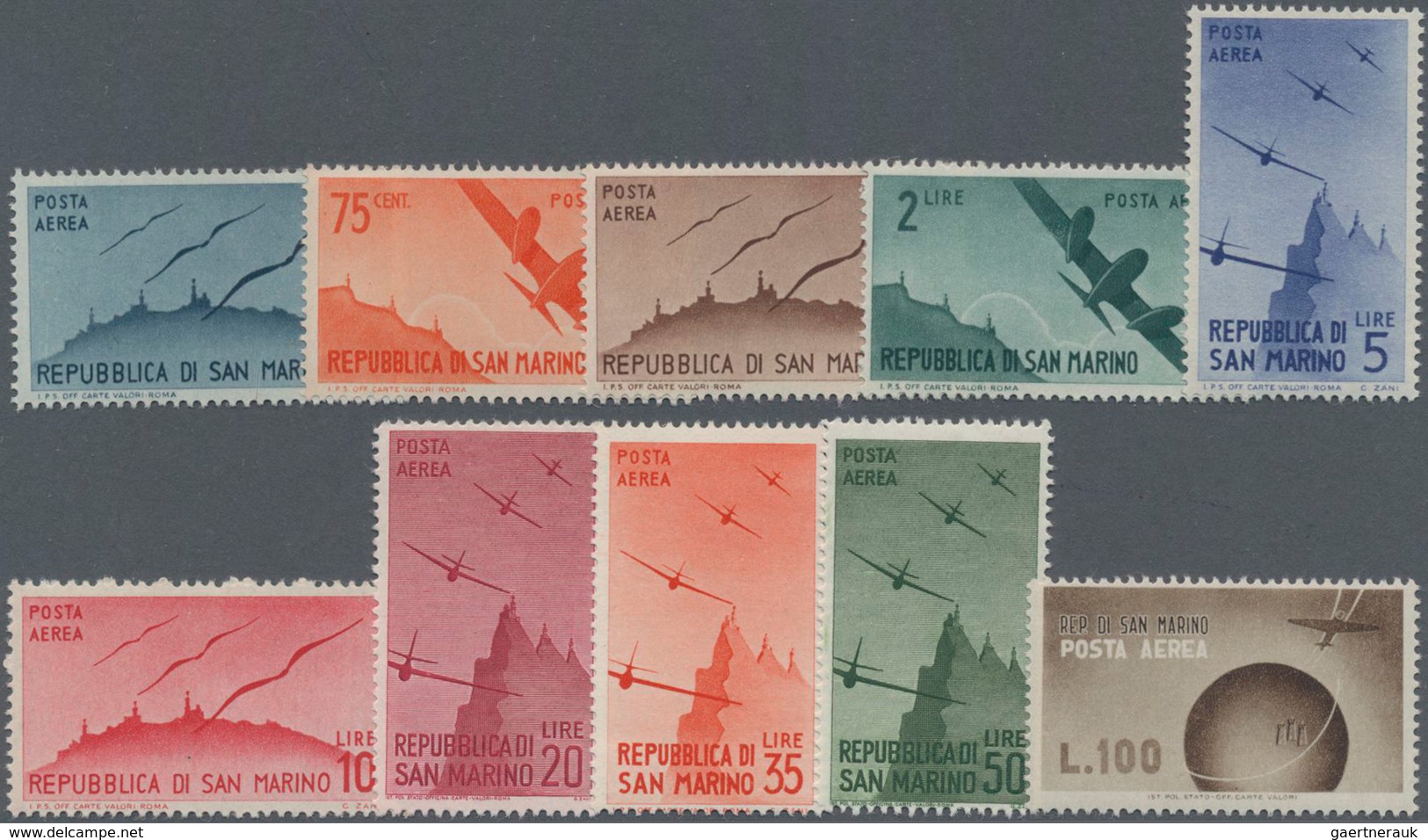 San Marino: 1946/1947, Airmail Stamps Complete Set Of 11 In A Lot With Approx. 80 Sets, Mint Never H - Cartas & Documentos