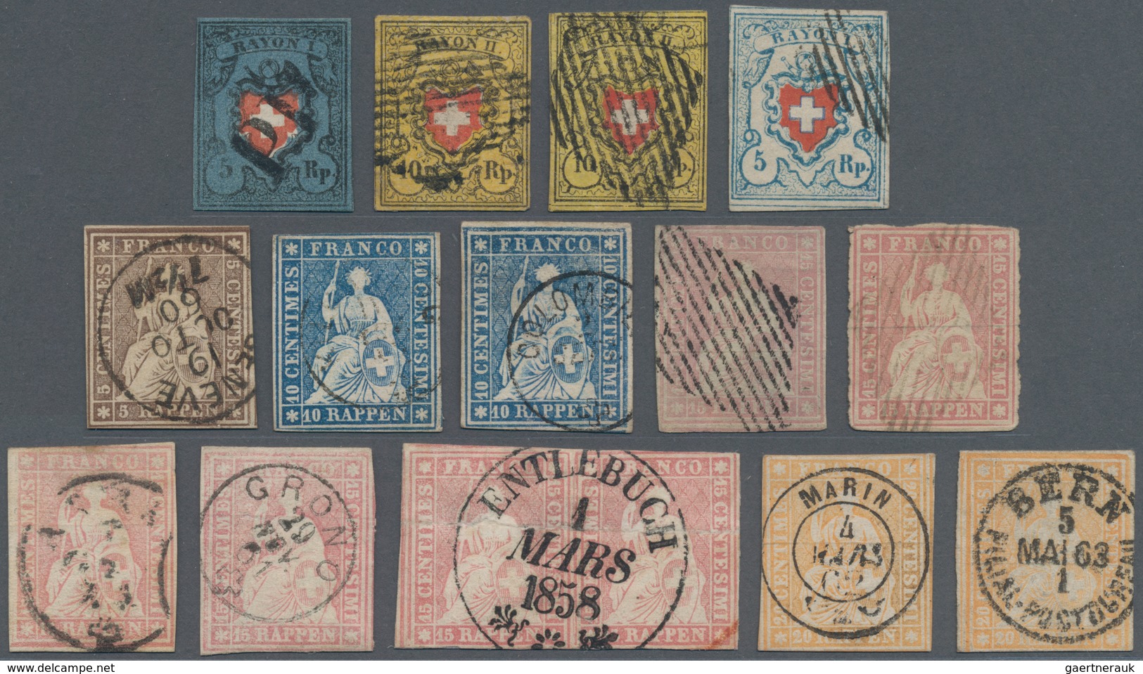 Schweiz: 1850-1862 Lot Mit Vier Rayons Und 11 Strubel, Alle Gestempelt, Dabei Rayon I Dkl'blau, Zwei - Lotes/Colecciones
