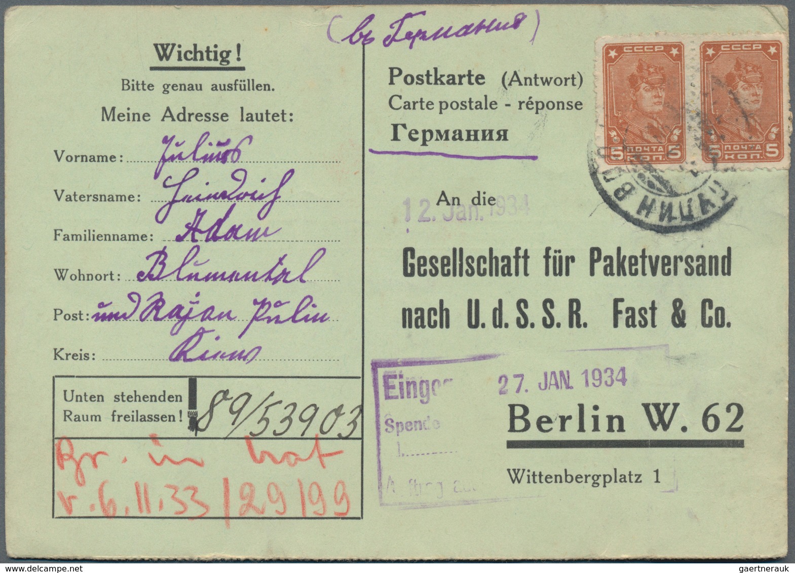 Sowjetunion: 1934, Accumulation Of Ca. 540 Postcards Sent From USSR To Berlin To The "Gesellschaft F - Cartas & Documentos