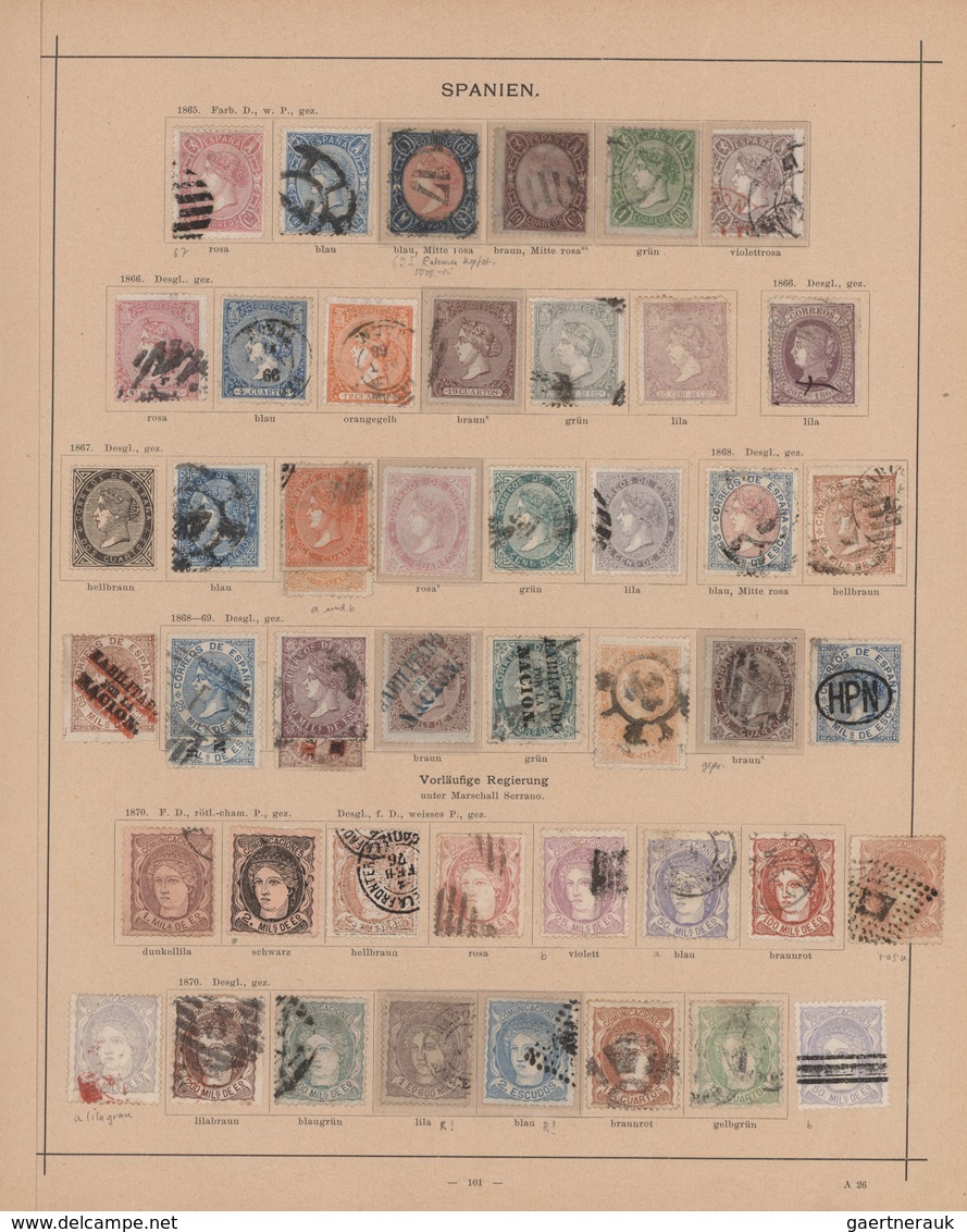 Spanien: 1850/1880, Mainly Used Collection Of Classic And Semi-classic Issues Arranged On Ancient Sc - Brieven En Documenten