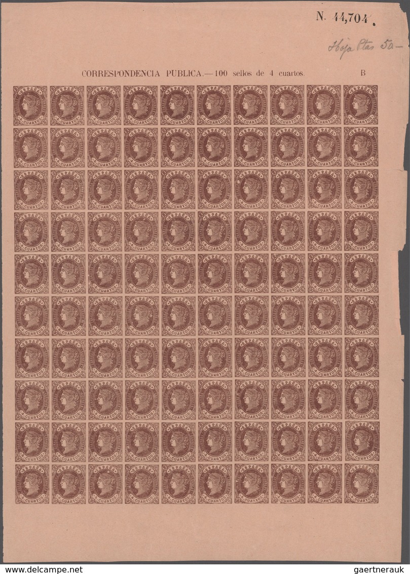 Spanien: 1862, 4cs. Brown On Salmon, Complete Sheet Of 100 Stamps, Mint Never Hinged. Michel No. 50, - Briefe U. Dokumente