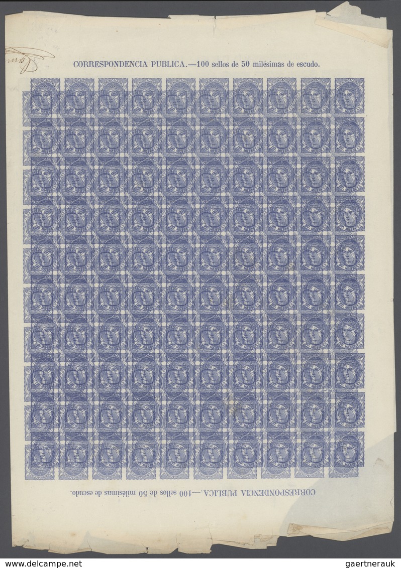 Spanien: 1870/1874, Assortment Of Apprx. 500 Imperf. Stamps Within Sheets Showing Distinctive Variet - Cartas & Documentos