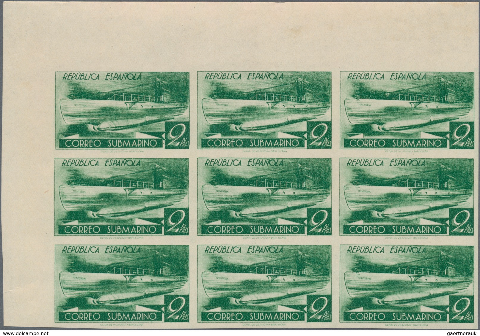 Spanien: 1938, Submarine 'A 1' 2pta. IMPERFORATE PROOF In Green In A Large Lot With About 320 Proofs - Lettres & Documents