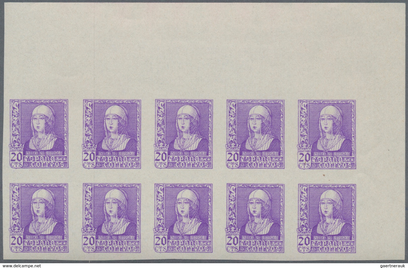 Spanien: 1938, Queen Isabella Definitives Five Different IMPERFORATE Stamps In Different Quantities - Brieven En Documenten
