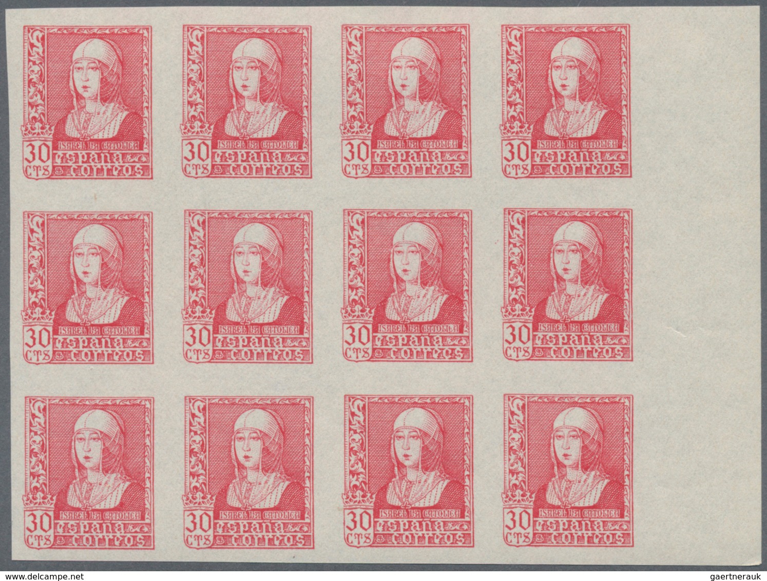 Spanien: 1938, Queen Isabella Definitives Five Different IMPERFORATE Stamps In Different Quantities - Cartas & Documentos