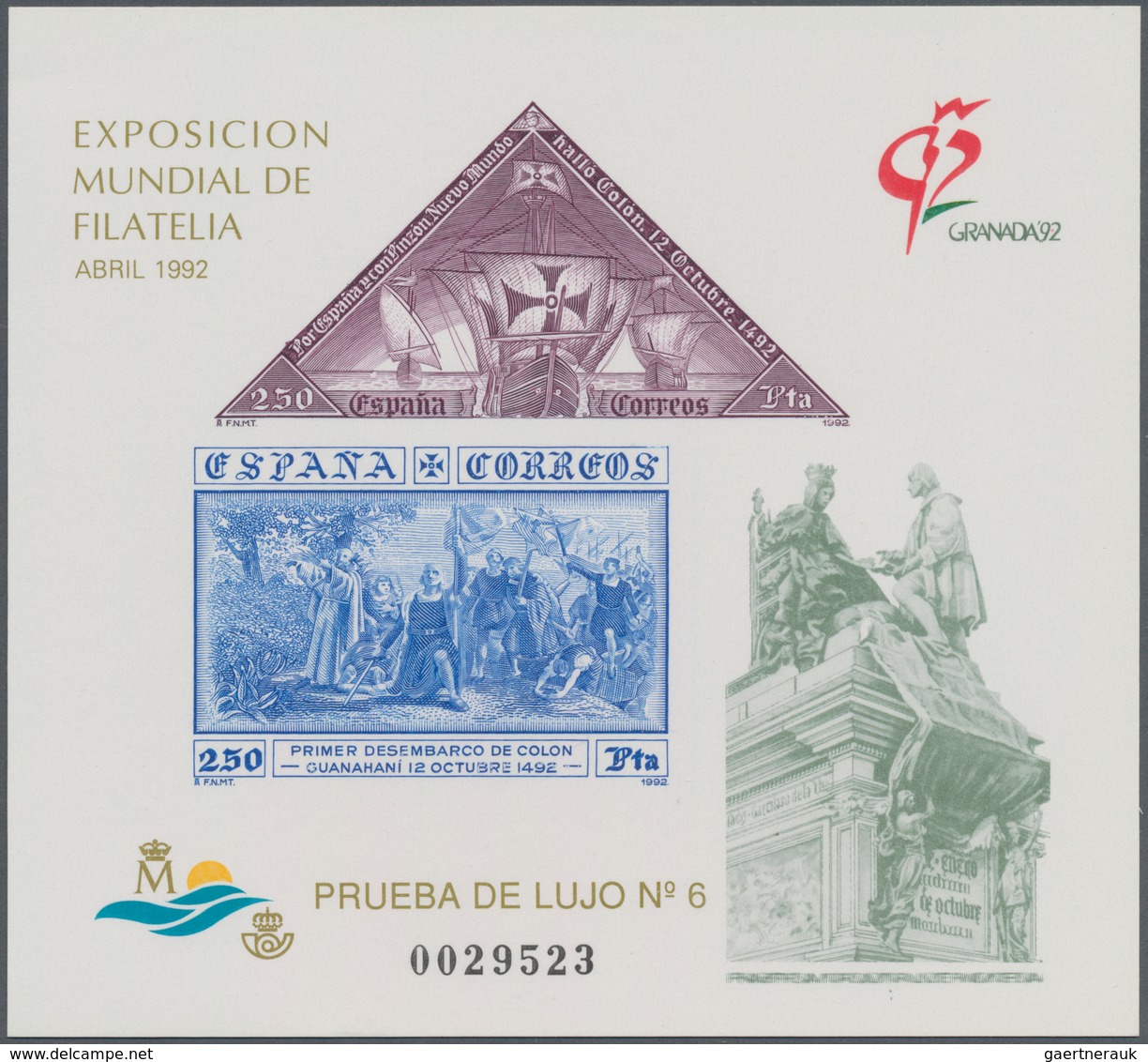 Spanien: 1992, International Stamp Exhibition GRANADA'92 And 500 Years Of Granada Imperforate Specia - Cartas & Documentos