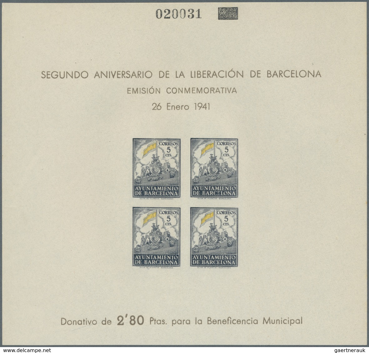 Spanien - Zwangszuschlagsmarken Für Barcelona: 1941, Coat Of Arms With Flag At Top Of Town Gate Of B - Tasse Di Guerra