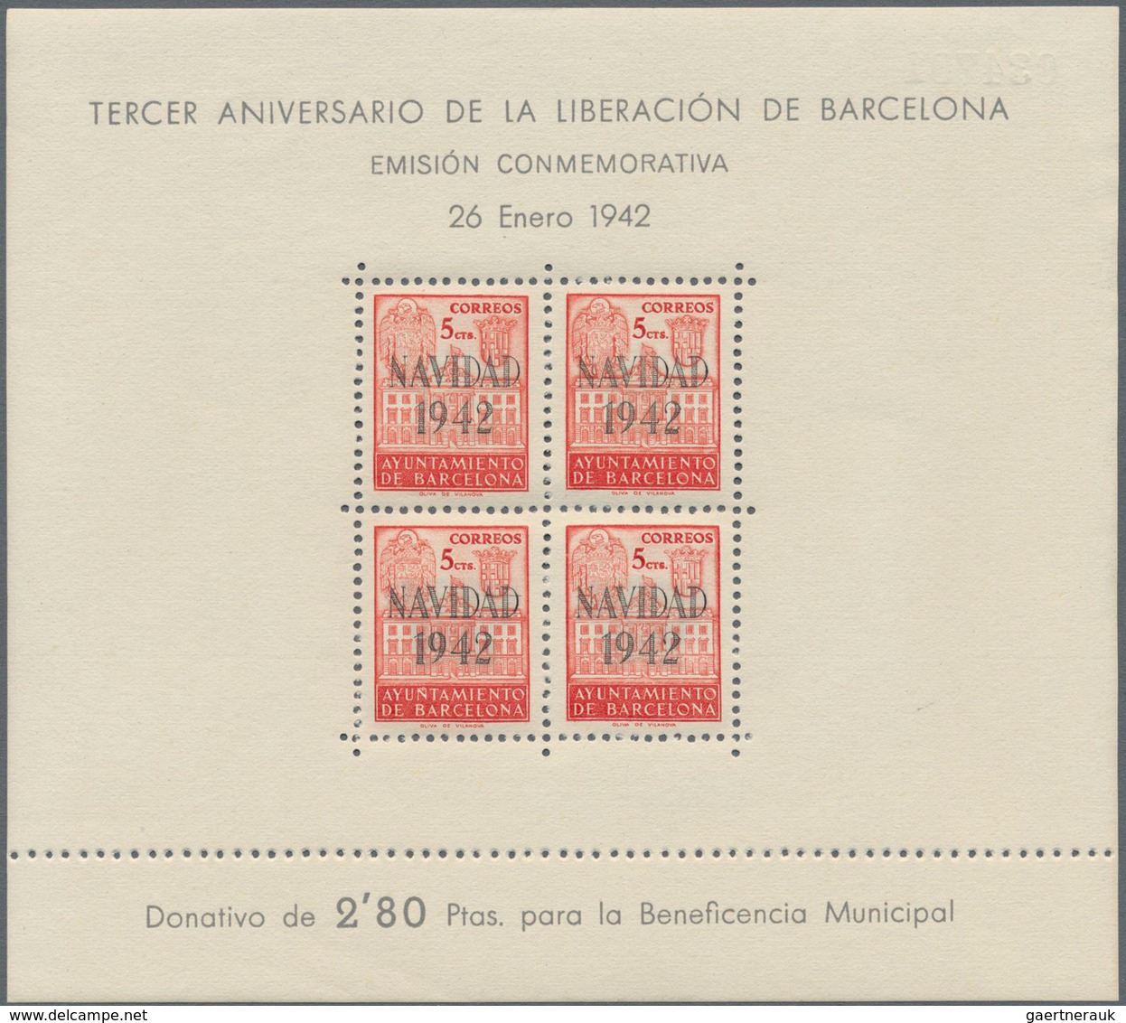 Spanien - Zwangszuschlagsmarken Für Barcelona: 1942, Town Hall Of Barcelona Miniature Sheets 4 X 5c. - Impots De Guerre