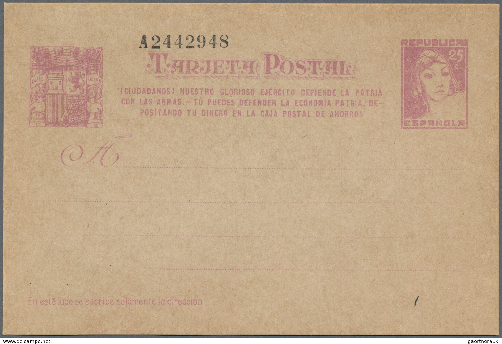Spanien - Ganzsachen: 1937, Stat. Postcard 'Matrona' 25c. Lilac With Additional Three-line Annotatio - 1850-1931