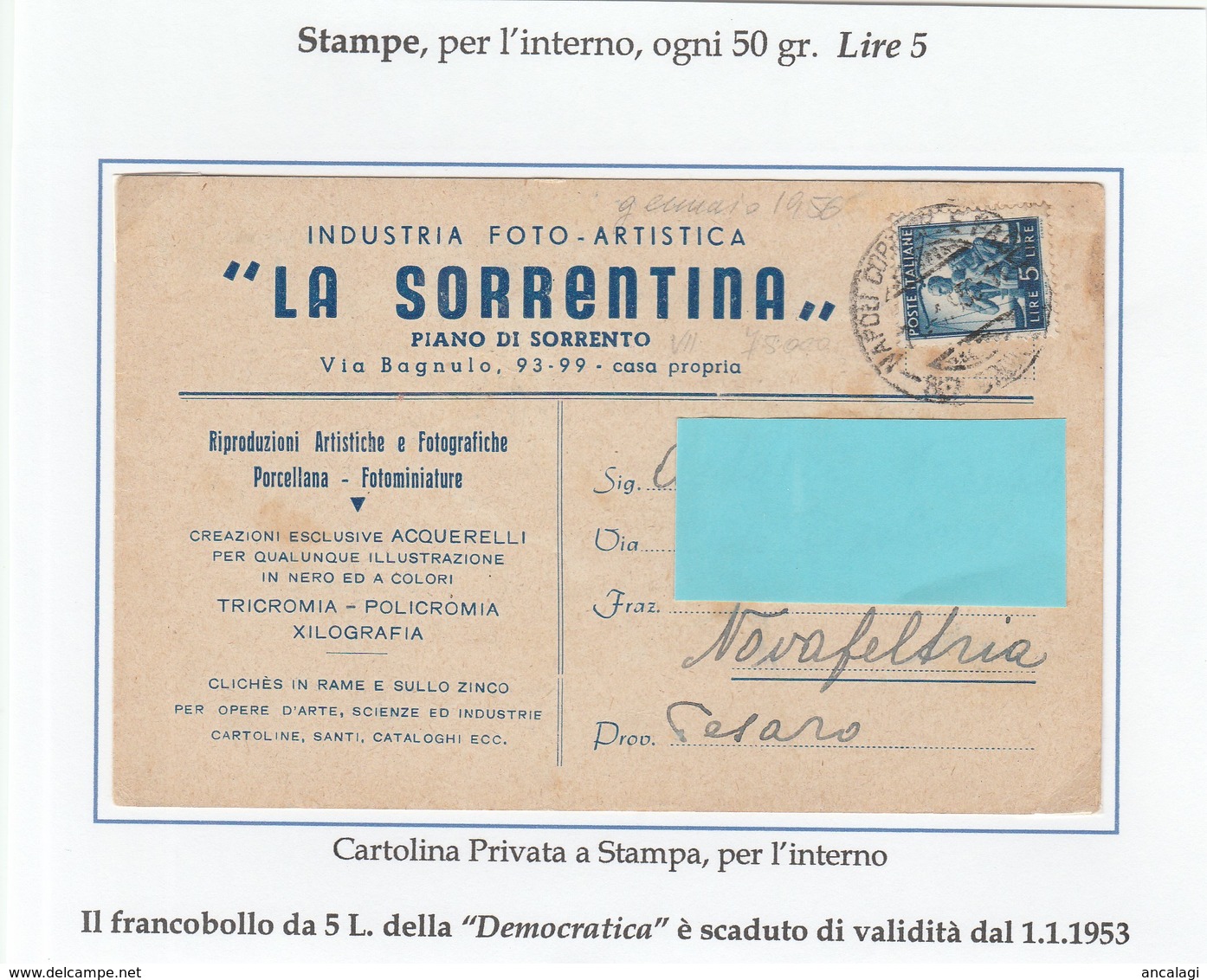 St.Post.584 - REPUBBLICA 1956 -  Cartolina A Stampa Da Sorrento A Novafeltria, Genn.1956 - 1946-60: Storia Postale