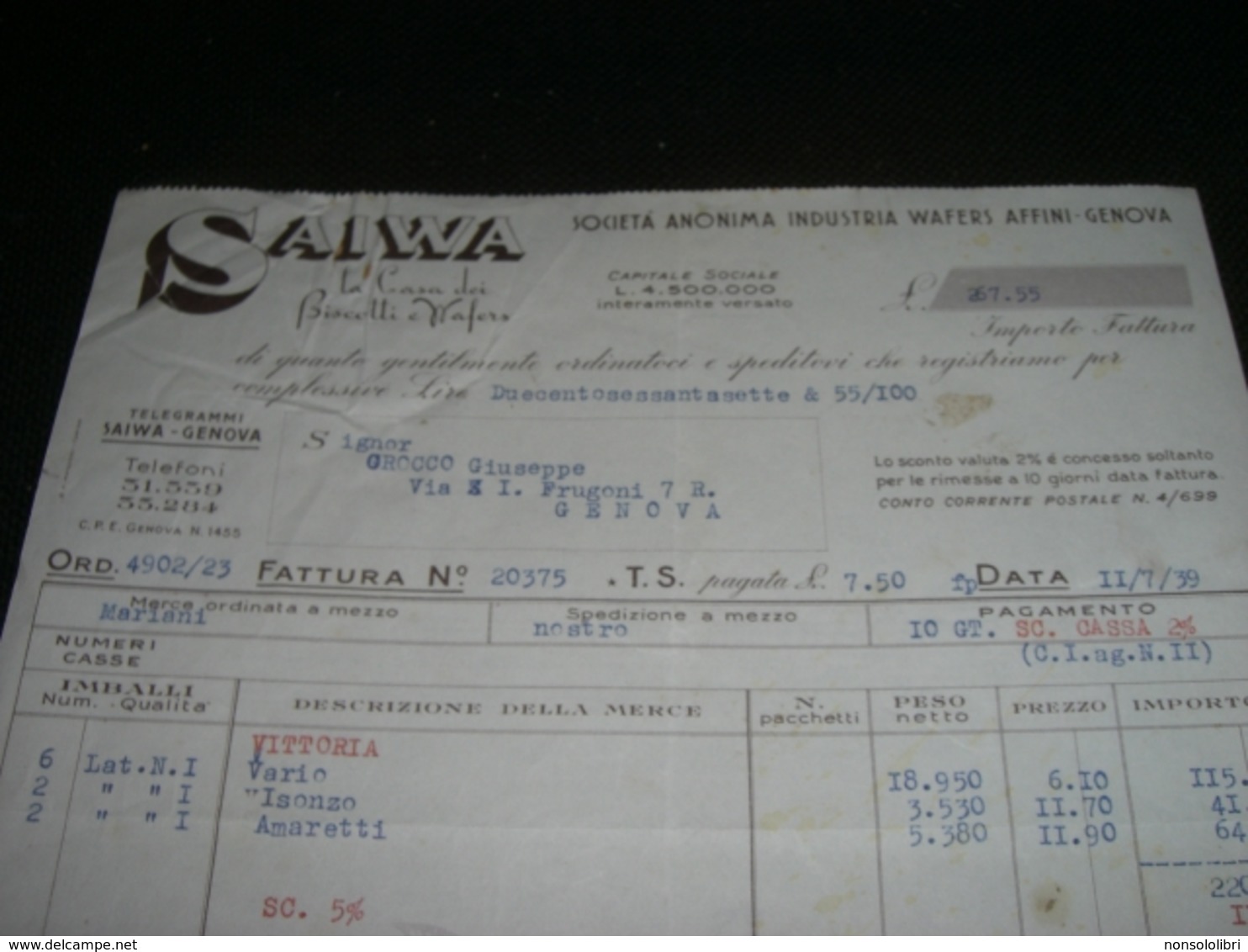 FATTURA SAIWA 1939 CON MARCHE DA BOLLO - Italië