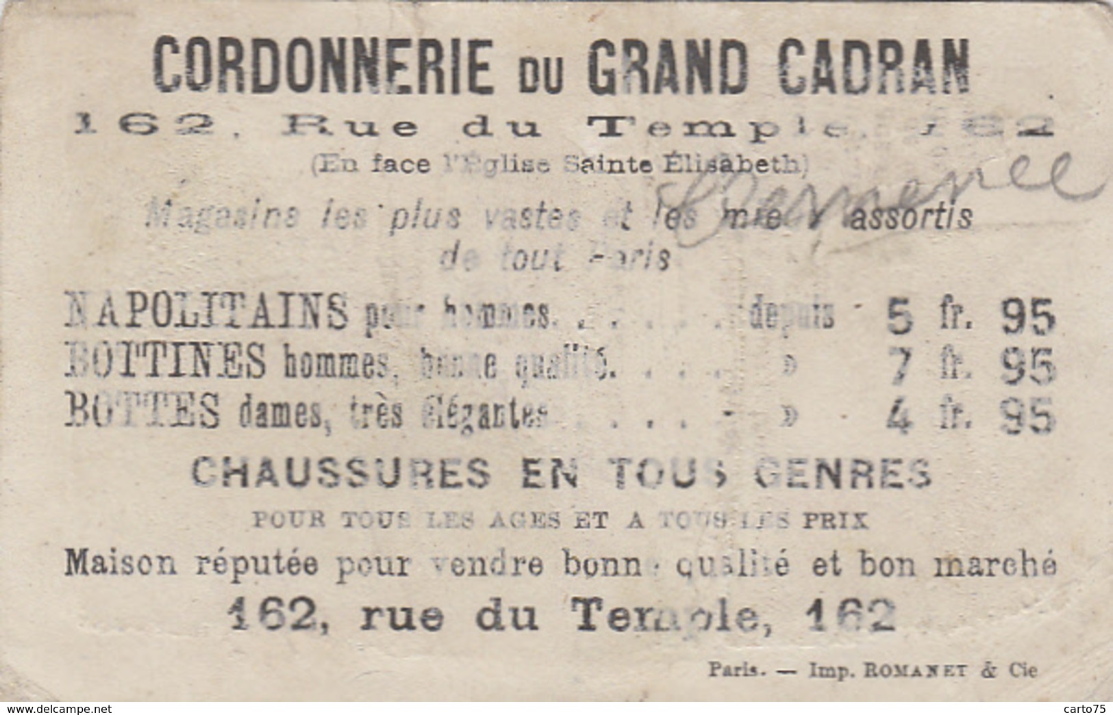 Commerce - Couple Poussant Une Diligence - Cocher - Chromo Cordonnerie Du Grand Cadran 162 Rue Du Temple - Winkels