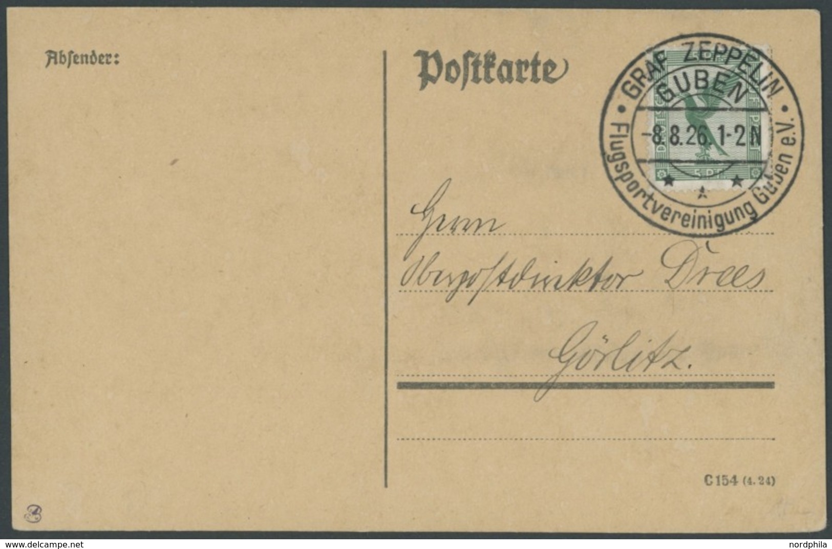 SST 1919-1932 GUBEN GRAF ZEPPELIN FLUGSPORTVEREINIGUNG, 8.8.1926, Leer Gestempelte Karte (mit Teil-Anschrift), Pracht - Briefe U. Dokumente