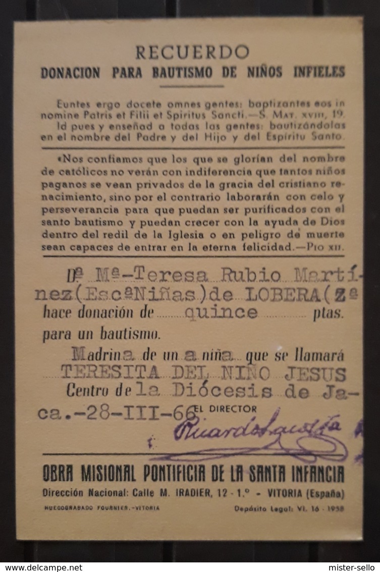 RECUERDO DONACIÓN PARA BAUTISMO DE NIÑOS INFIELES. - Santini