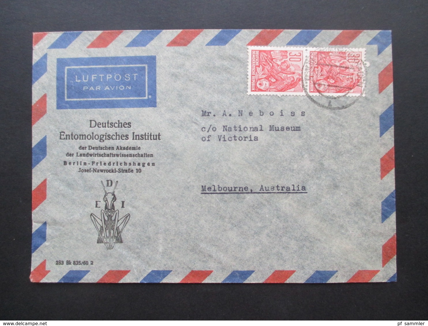 DDR Fünfjahrplan 1962 Luftpostbrief Nach Melbourne Australien Firmenumschlag Deutsches Entomologisches Institut Berlin - Cartas & Documentos