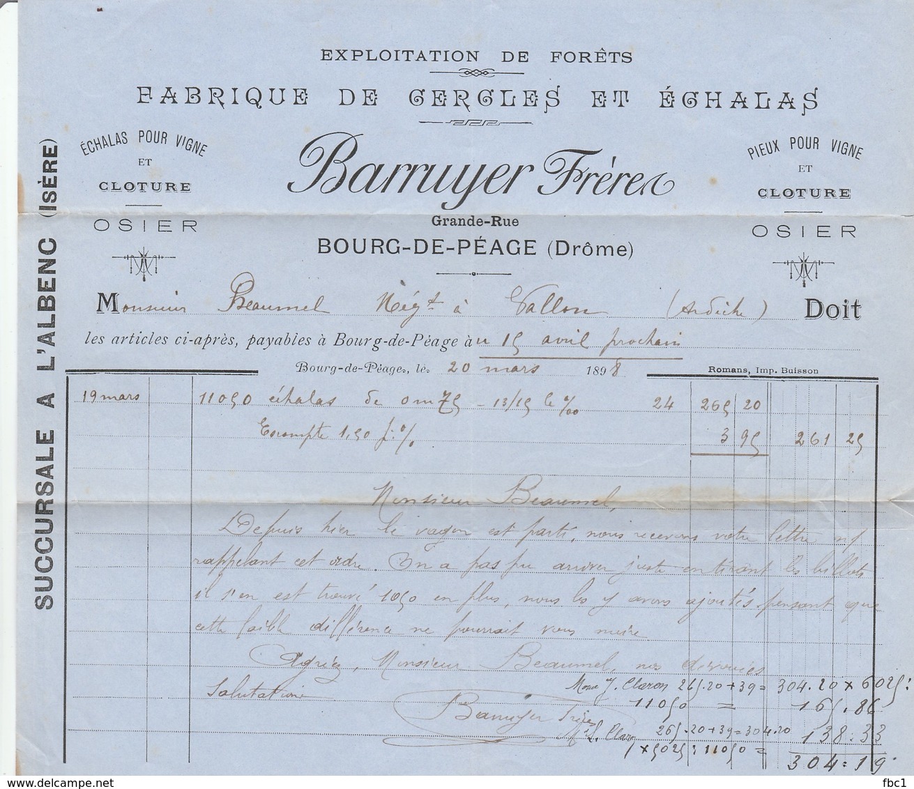Drôme -Bourg De Péage - Barruyer Frères - Exploitation De Forêts -Fabrique De Gergles Et échalas - Osier - 1898 - 1800 – 1899