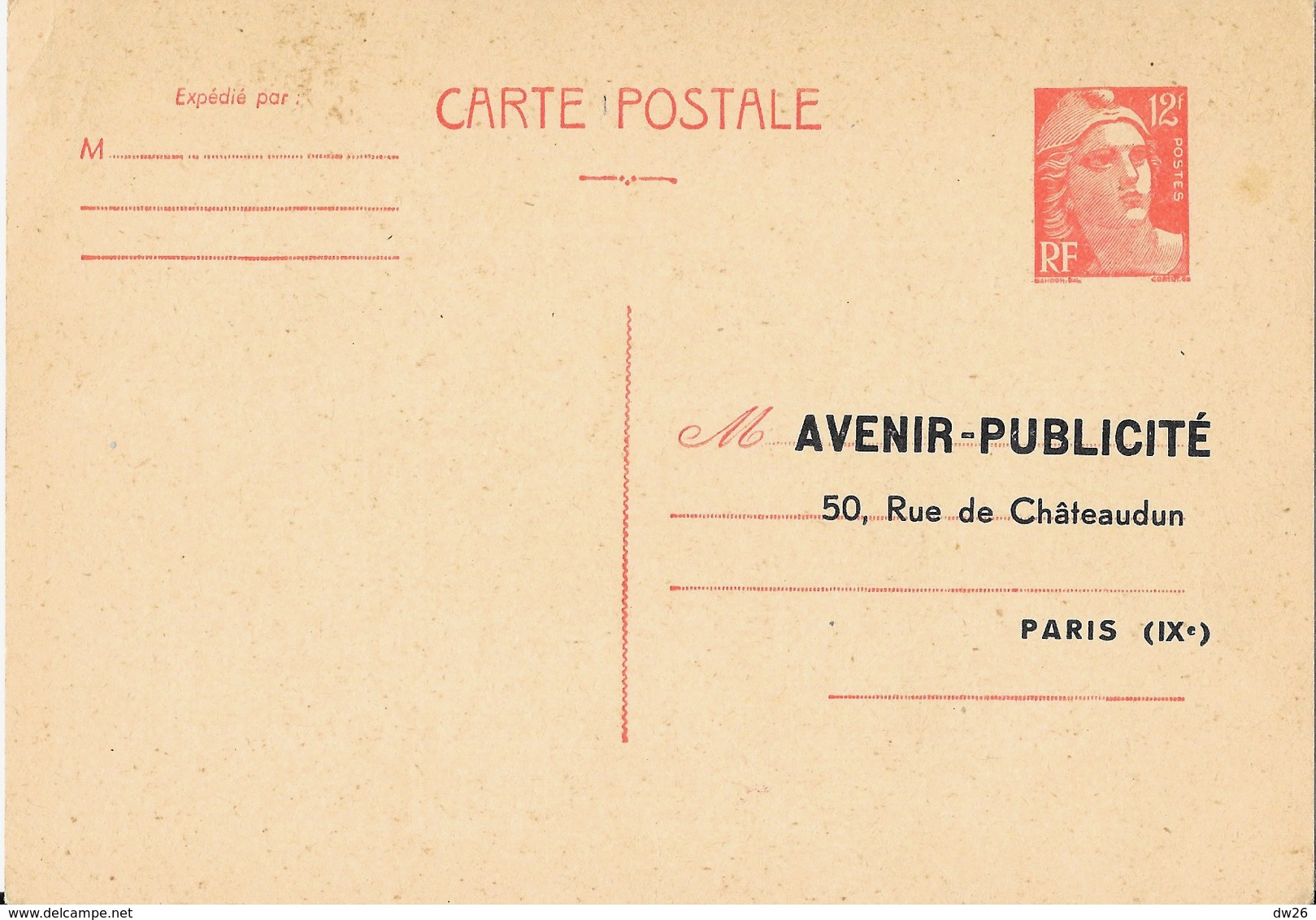 Carte Postale Pré-timbrée 12F (entiers Postaux TSC) - Adresse: Avenir Publicité Paris - Cartes Postales Types Et TSC (avant 1995)