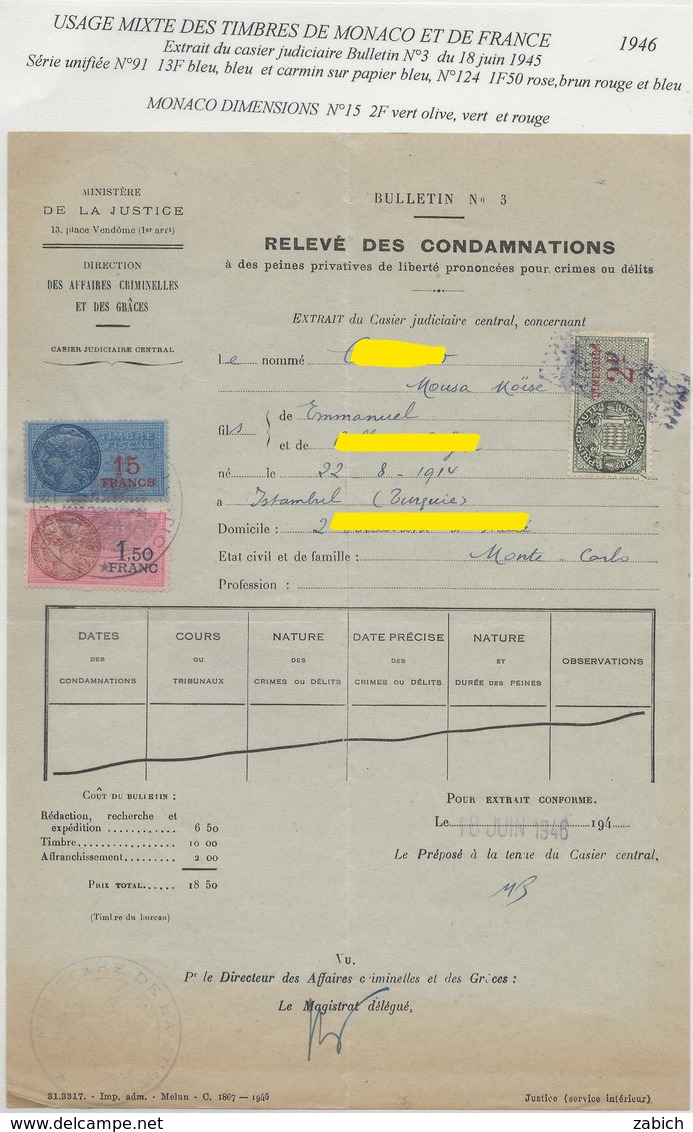 TIMBRES FISCAUX MIXTE FRANCE/ MONACO 1942 DIMENSION N°15  2F VERT + 2 SERIE UNIFIEE FRANCE - Revenue