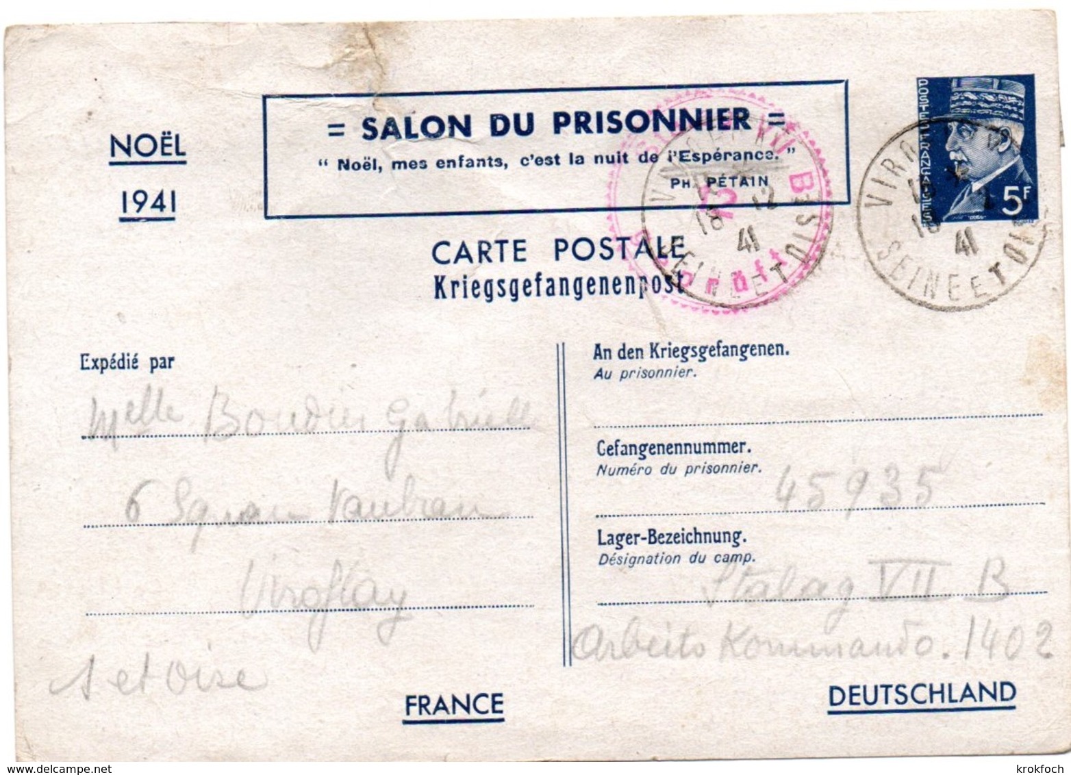 Salon Du Prisonnier Noël - Carte Pétain Postée De Viroflay 18.12.1941 Pour Stalag VII B - état Moyen (froissée) - Cartes Postales Types Et TSC (avant 1995)