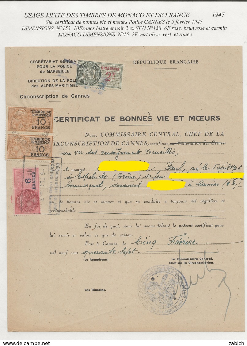 TIMBRES FISCAUX MIXTE FRANCE/ MONACO 1946 DIMENSION N°15  2F VERT + 1 SERIE UNIFIEE ET 2 DIMENSIONS FRANCE - Revenue
