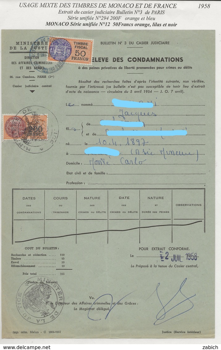 TIMBRES FISCAUX MIXTE FRANCE/ MONACO 1958 Serie Unifiee N°12 50F Orange + SERIE UNIFIEE  FRANCE - Revenue