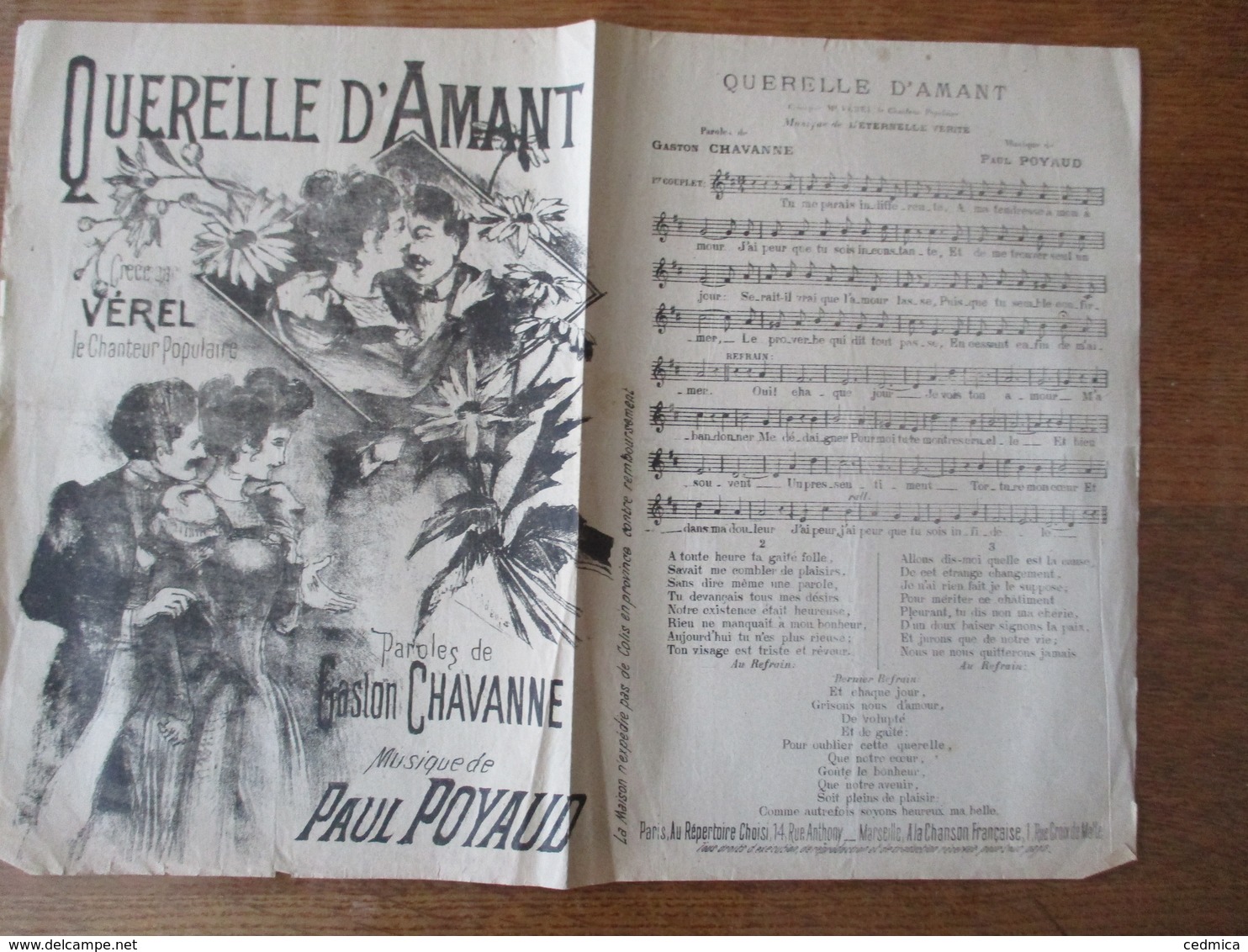 QUERELLE D'AMANT CREEE PAR VEREL LE CHANTEUR POPULAIRE PAROLES DE GASTON CHAVANNE MUSIQUE DE PAUL POYAUD - Partitions Musicales Anciennes