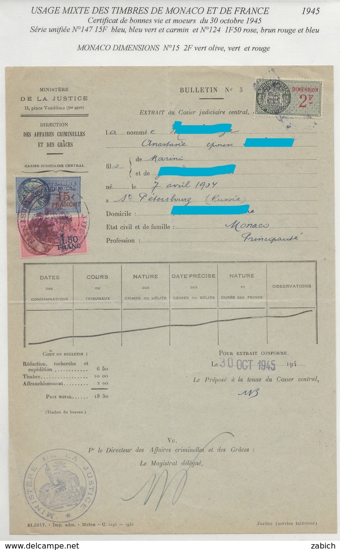 TIMBRES FISCAUX MIXTE FRANCE/ MONACO 1945 DIMENSION N°15  2F VERT + 2 SERIE UNIFIEE FRANCE - Steuermarken