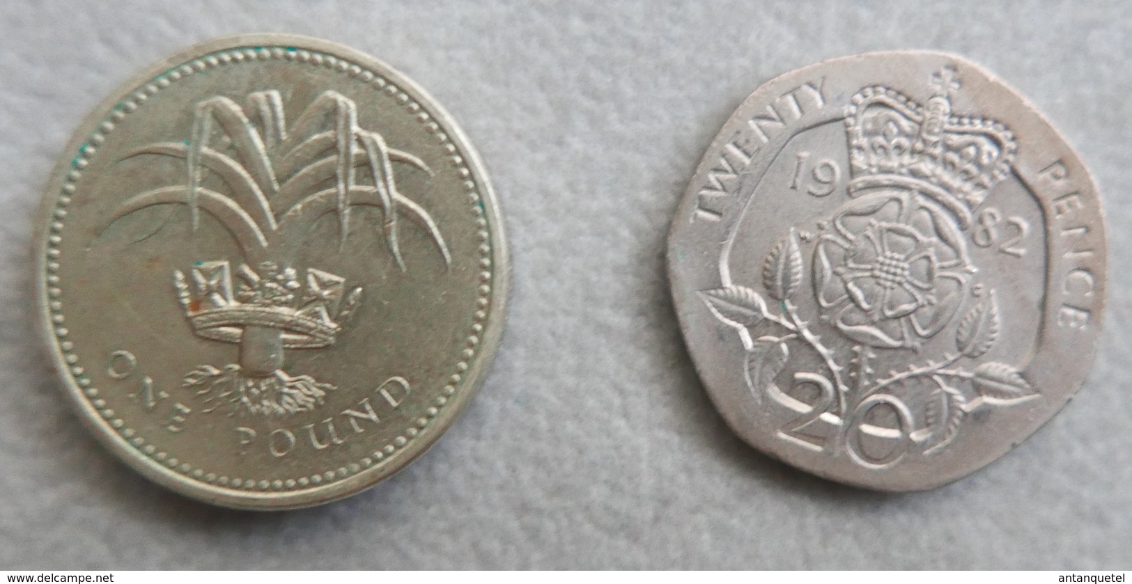 Lot 2 Monnaies Du Royaume-Uni—20 Pence 1982—1 Livre 1985 - Autres & Non Classés