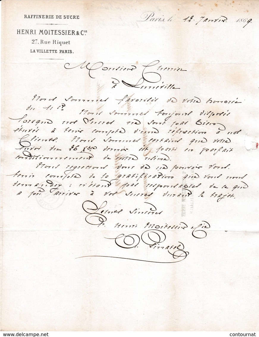 75 PARIS FACTURE 1869  Raffineur De Sucre Henri MOITESSIER    A108 Seine ( Marcophilie 20c ) Raffinerie 2 Scans - 1800 – 1899