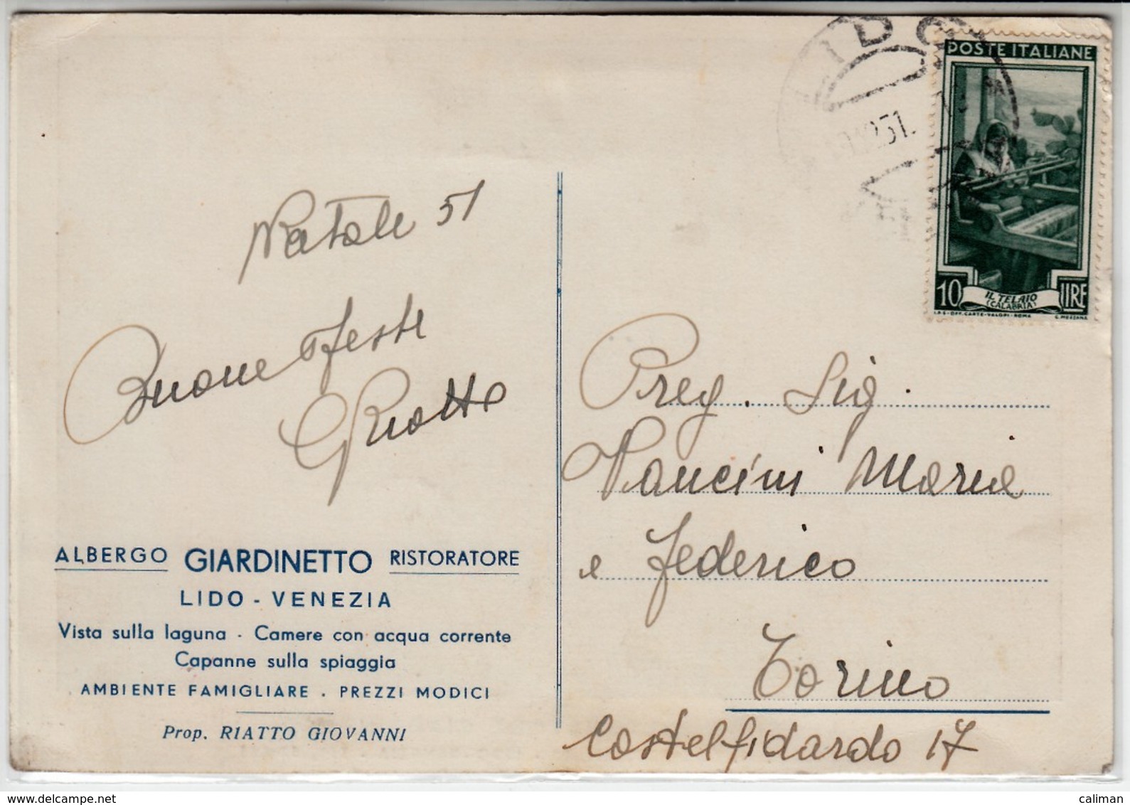 HOTEL ALBERGO RISTORATORE GIARDINETTO LIDO DI VENEZIA - CARTOLINA SPEDITA NEL 1951 - Alberghi & Ristoranti