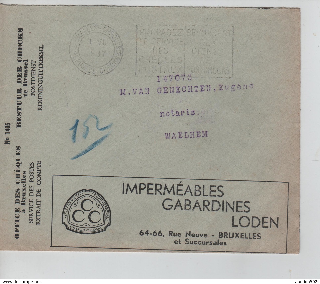 169PR/Lettre Service Des Postes Office Des Chèques C.BXL 1937 Confection - Banque Comptoir Du Centre Toutes Opérations - Other & Unclassified