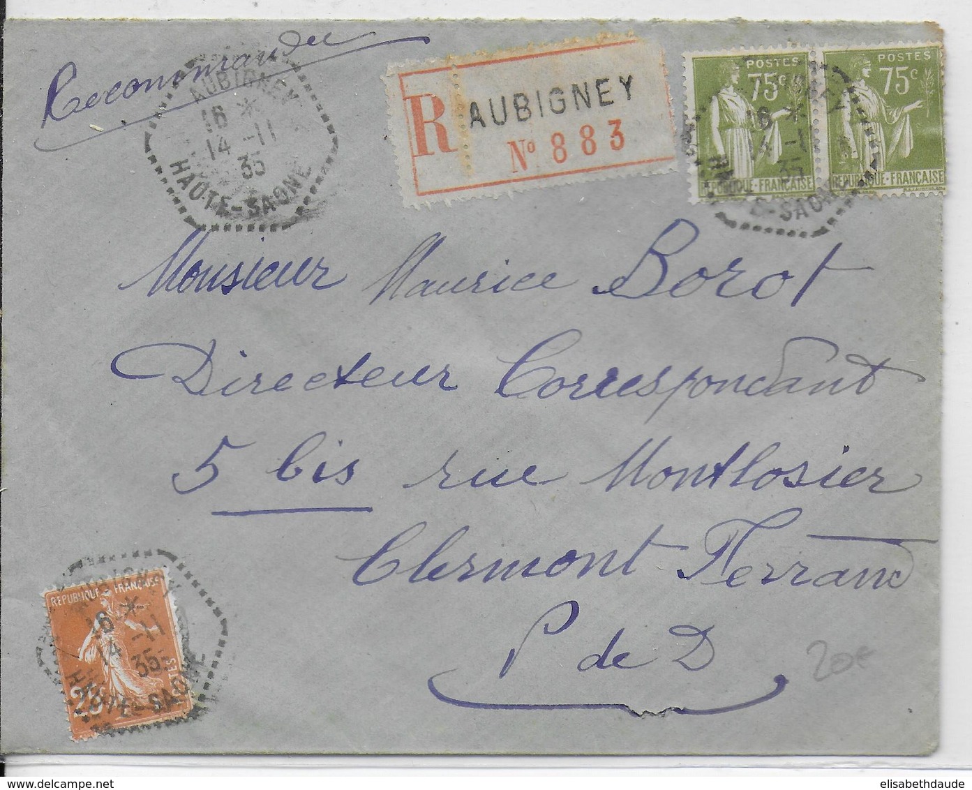 1935 - HAUTE SAONE - CACHET HEXAGONAL D'AGENCE POSTALE Sur ENVELOPPE RECOMMANDEE De AUBIGNEY - 1921-1960: Période Moderne