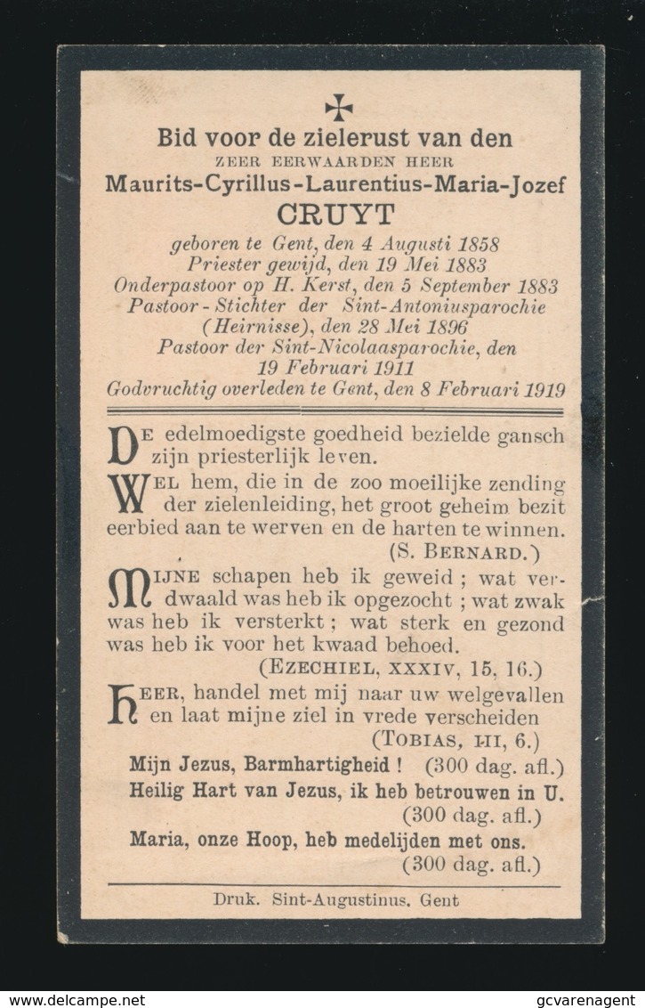 PASTOOR SINT NICOLAASPAROCHIE - MAURITS CRUYT - GENT 1858 - GENT 1919 - Décès