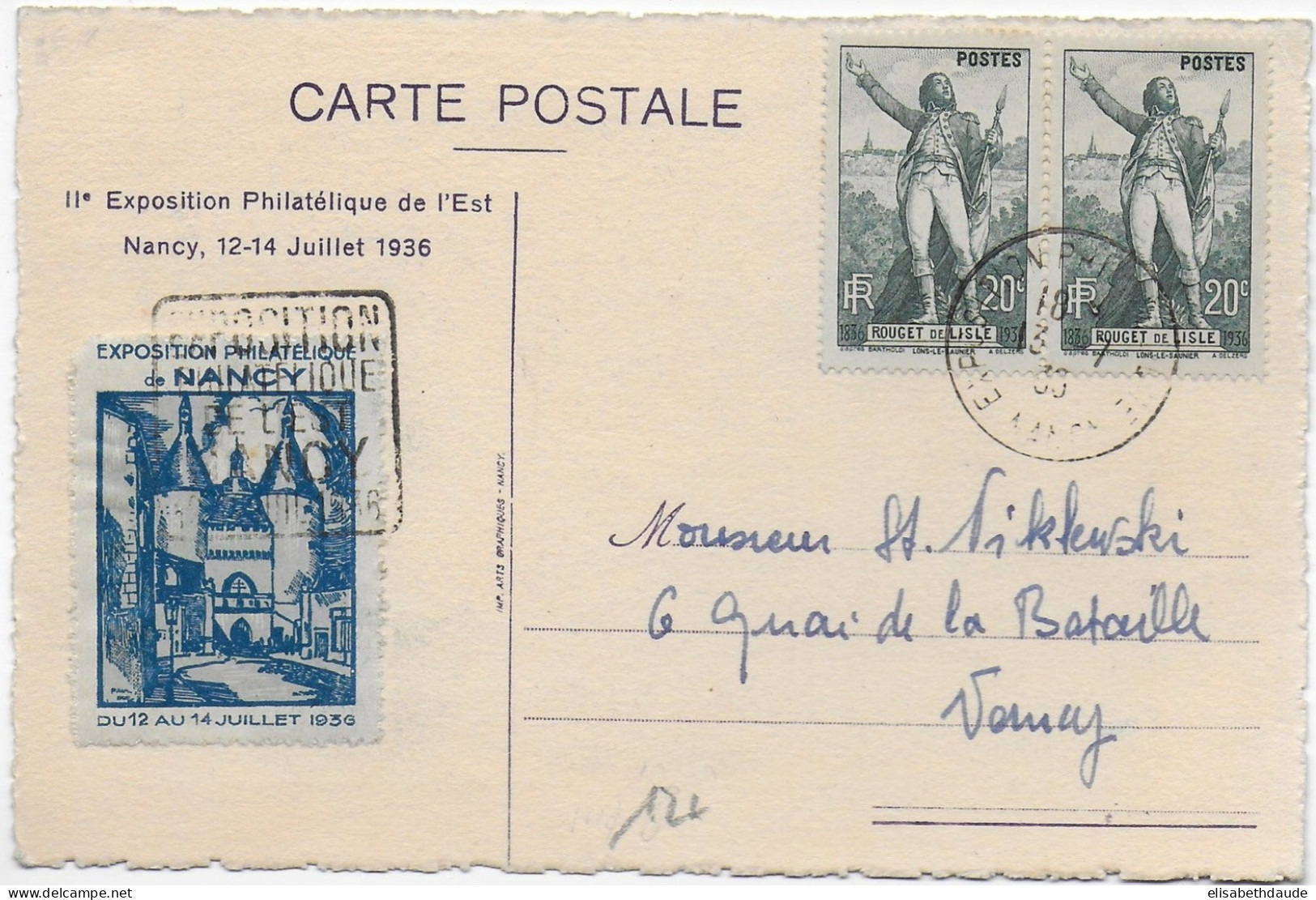 1936 - MEURTHE ET MOSELLE - PSEUDO DAGUIN + VIGNETTE ! Sur CARTE ILLUSTREE De L'EXPOSITION PHILATELIQUE De L'EST à NANCY - Filatelistische Tentoonstellingen