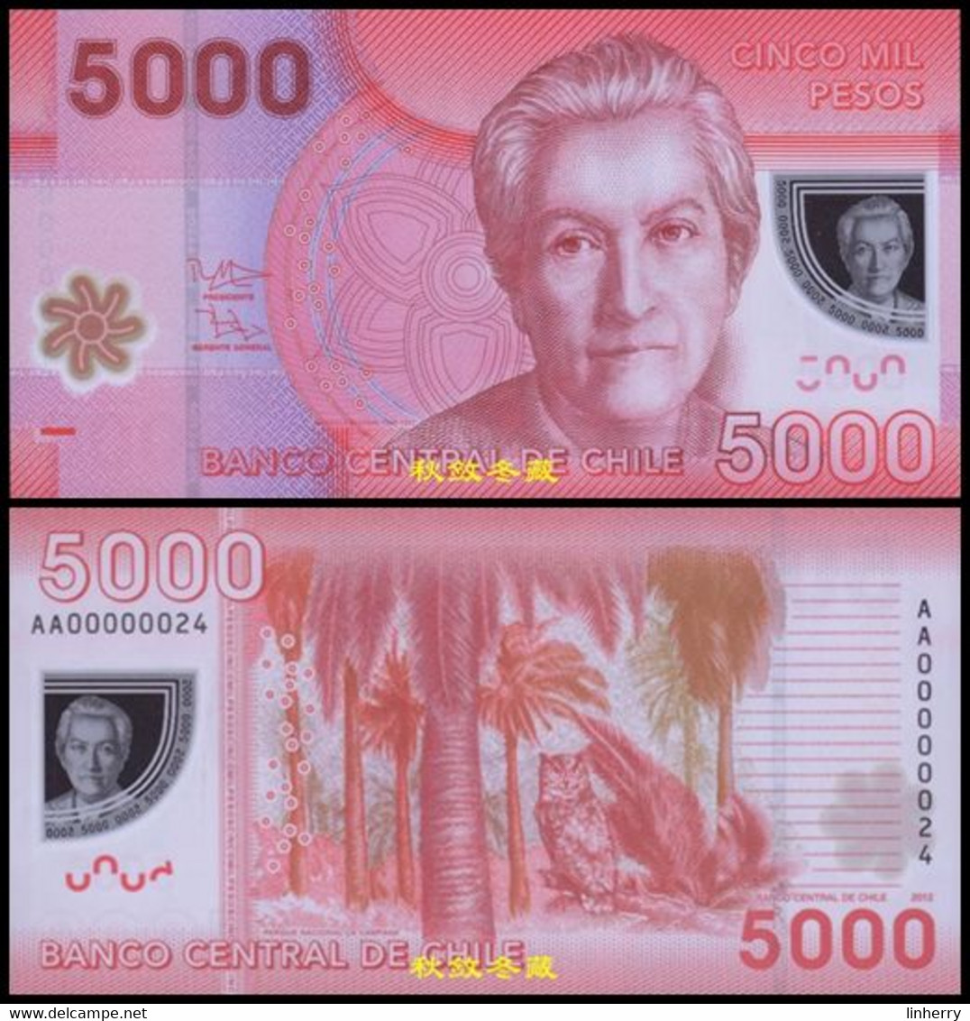 Chile 5000 Pesos, (2012), AA Prefix And Low S/N, Polymer, UNC - Chile