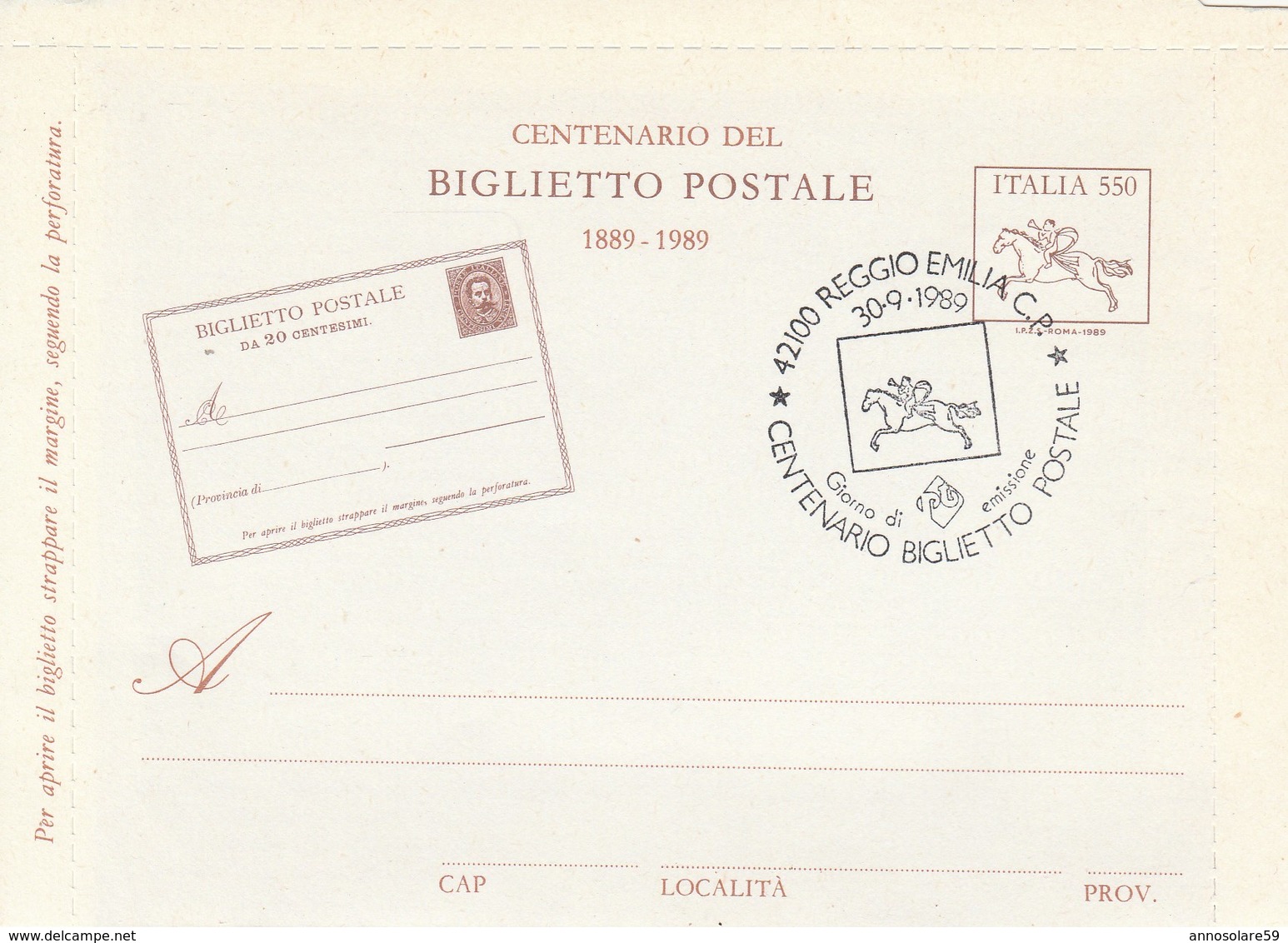 REGGIO EMILIA - CENTENARIO DEL BIGLIETTO POSTALE 1889-1989 - NUOVO CON ANNULLO - LEGGI - Buste