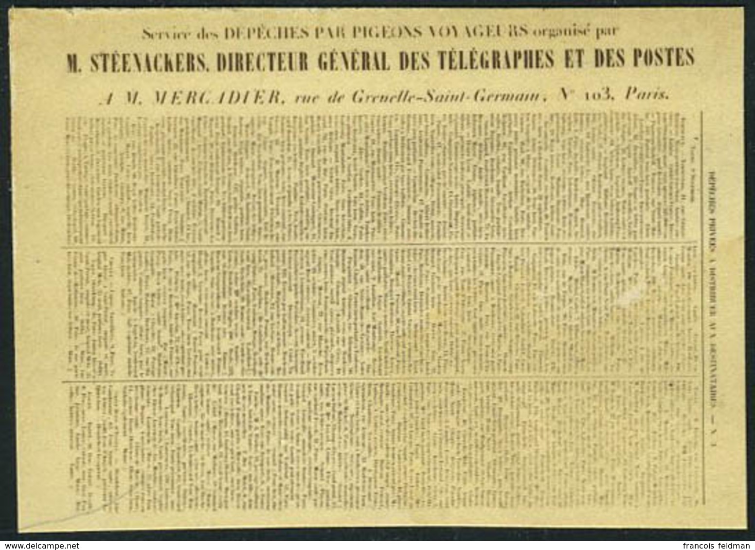 Dépêche Par Pigeon N°3 Steenackers De Tours Du 9 Nov 70, TB - Andere & Zonder Classificatie