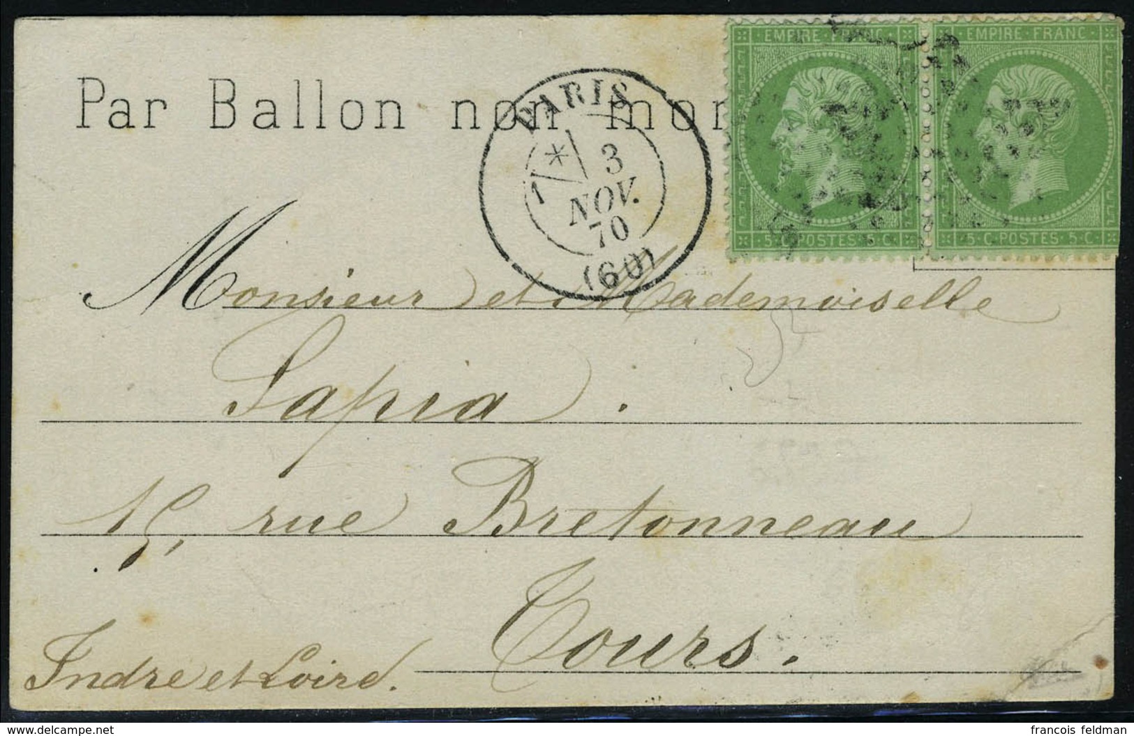 Lettre Le Ferdinand Flocon, Carte Avec Mention Par Ballon Non Monté Timbe à Droite,  Affranchie à 2 X 5c Vert Paris 3 No - Andere & Zonder Classificatie