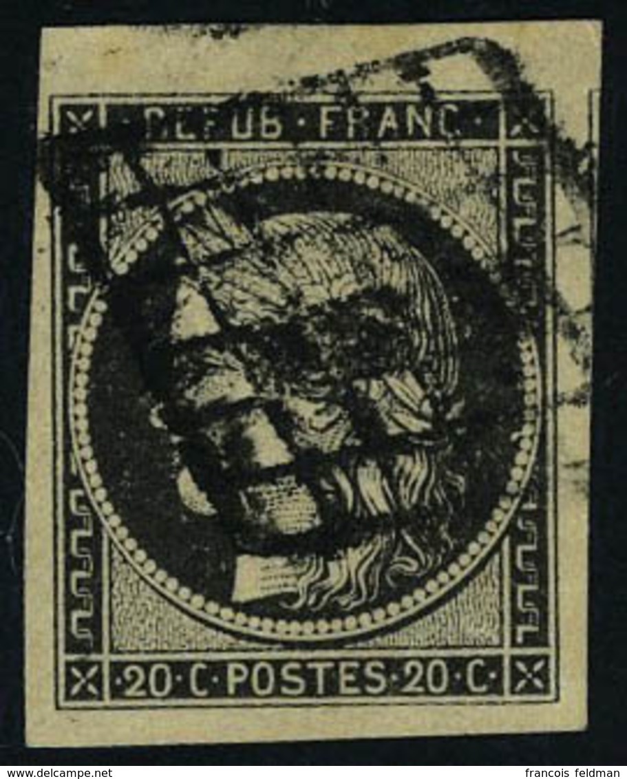 Oblitéré N° 3c, 20c Gris-noir, 4 Marges Maxi Dont 1 Voisin Et Petit Bdf Haut De Feuille, Superbe, Signé + Certificat Sol - Otros & Sin Clasificación