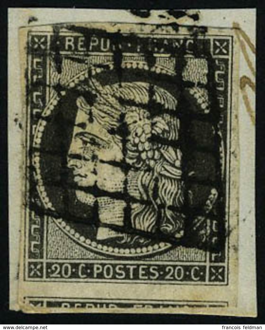 Oblitéré N° 3c, 20c Gris Noir Sur Petit Fragment, 1 Voisin T.B. Signé Calves - Other & Unclassified