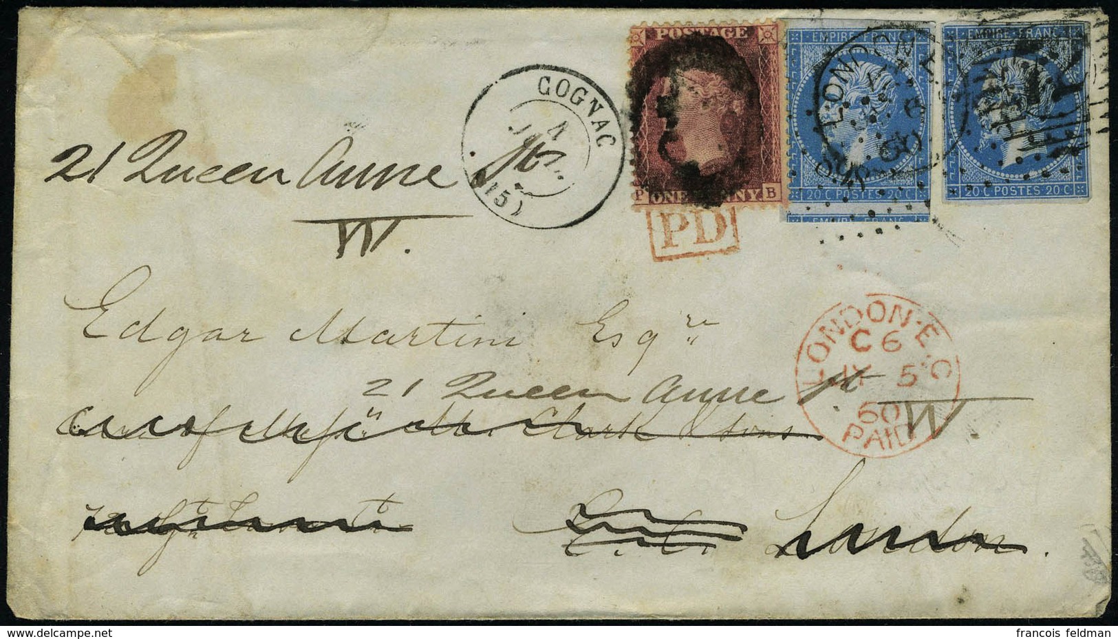 Lettre N° 14, 20c Bleu X 2 Sur L De Cognac 4 Jul 60 Pour La France, Réexpédiée à Londres, Aff à 1P Brun Rouge Obl Anglai - Autres & Non Classés