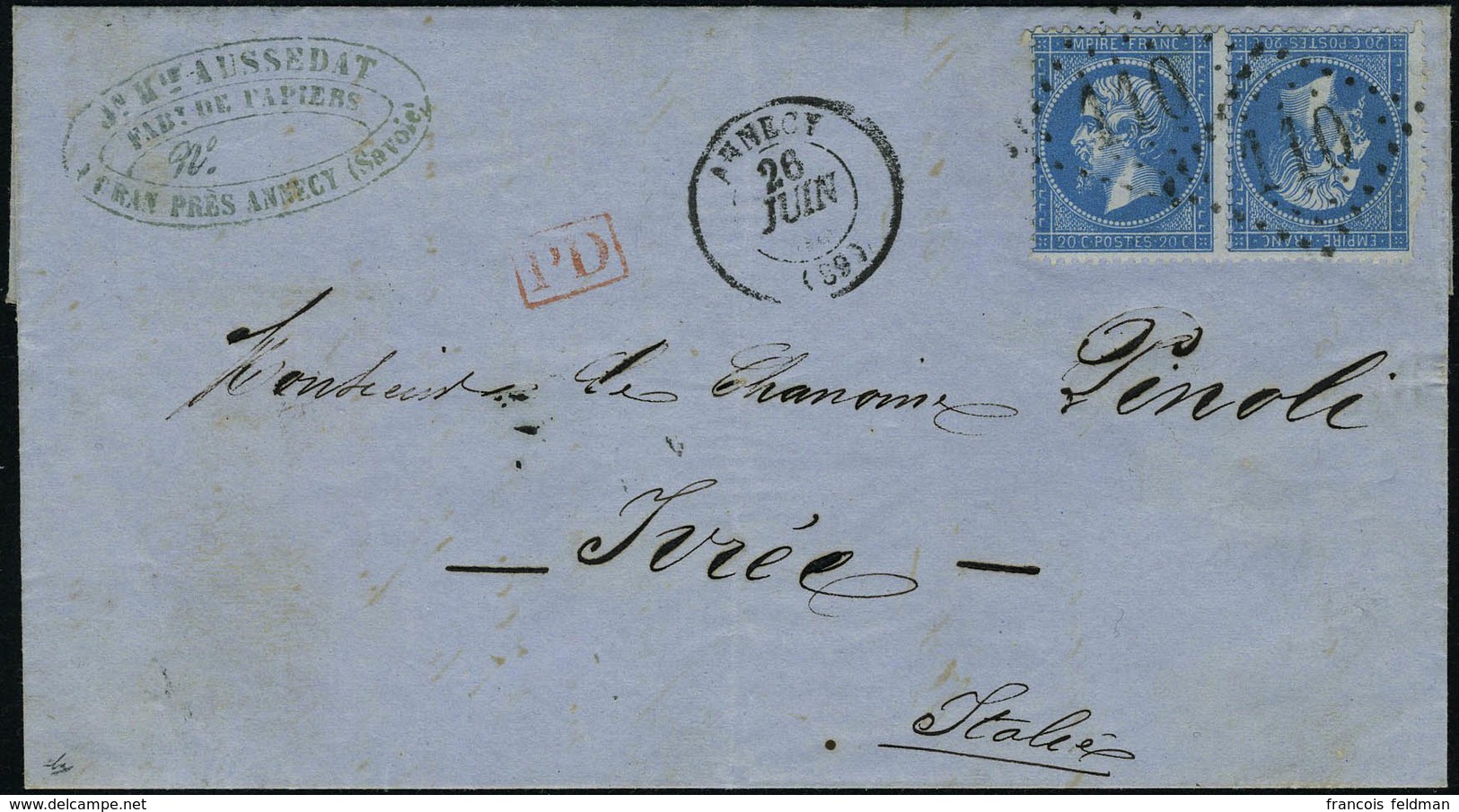 Lettre N° 22b, 20c + 20c, Paire Tête Bêche Sur L Obl Annecy 26 Juin 1865 Pour Ivrea Italie Arrivée Au Verso, Qq Dents Ma - Autres & Non Classés