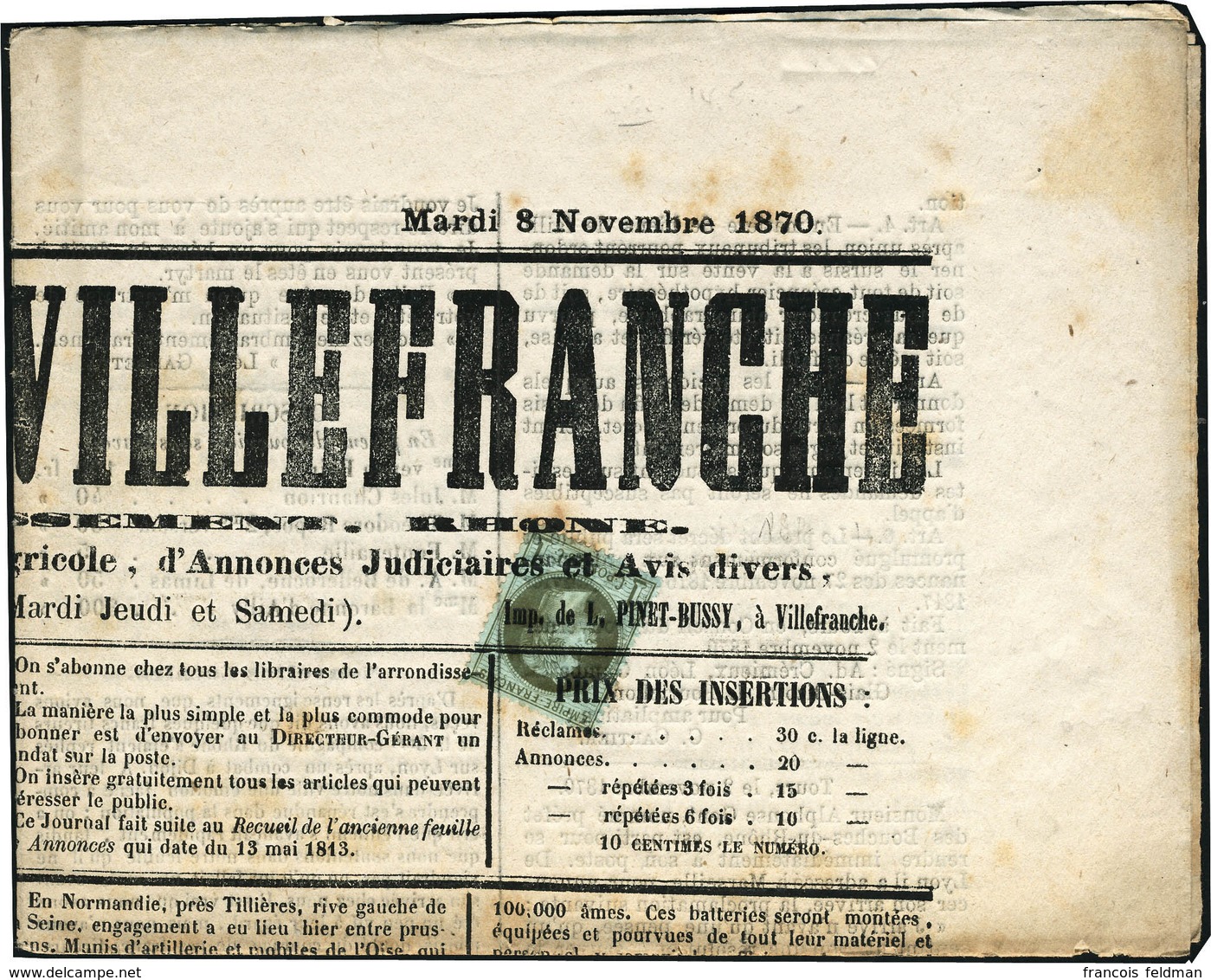 Lettre N°25. 1c Empire Lauré Seul Sur Journal Complet. Le Journal De Villefranche Du 8 Novembre 1870. Timbre T.B., Journ - Andere & Zonder Classificatie