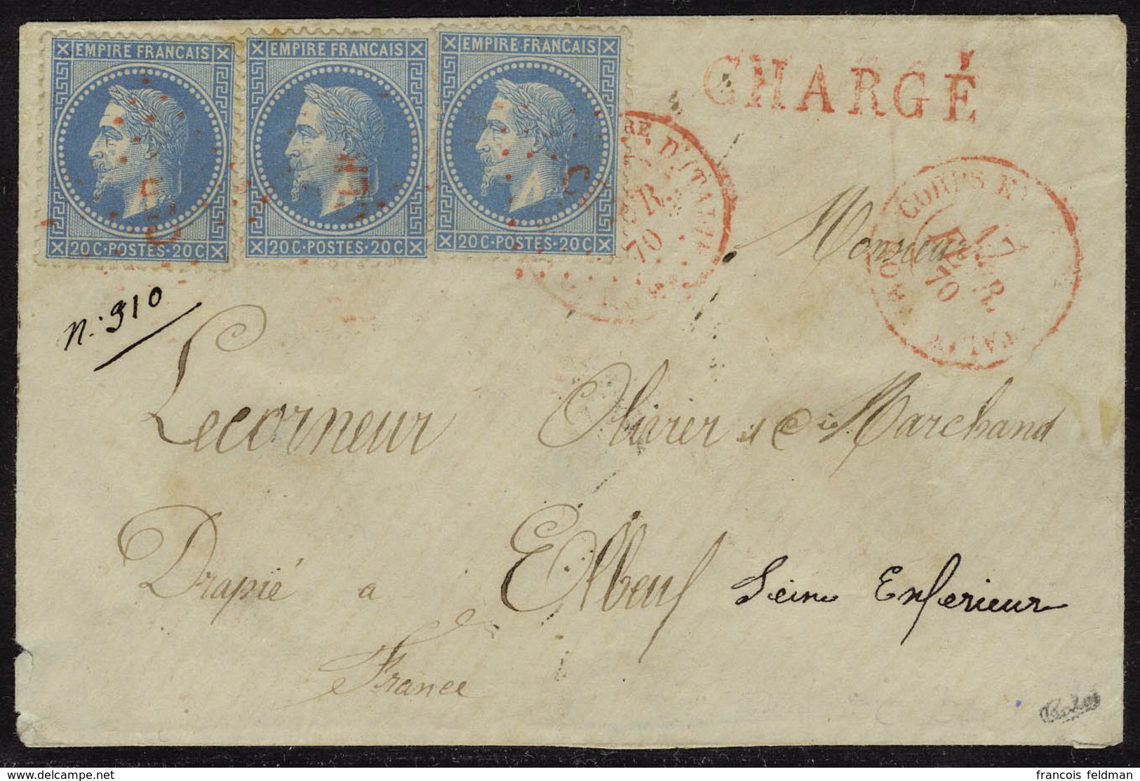 Lettre N° 29, 20c Bleu X 3ex Sur L. Chargée (descriptif De Chargement Au Verso), Obl Losange CER Rouge + Càd Corps Expéd - Autres & Non Classés