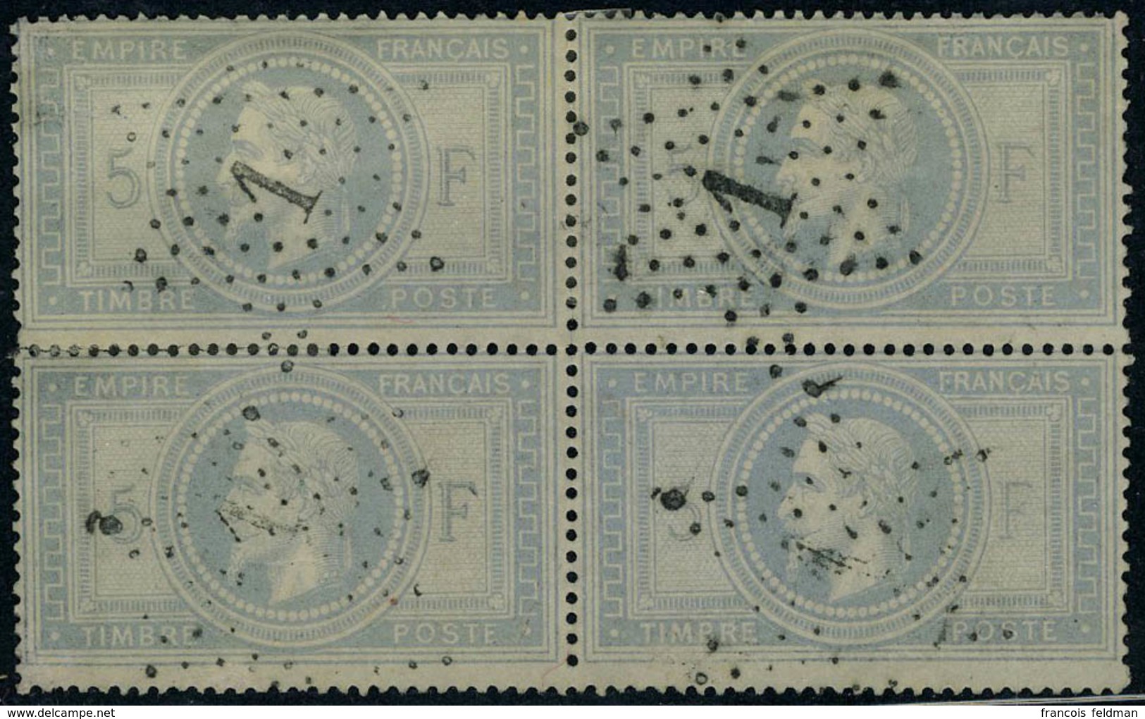 Oblitéré N° 33, 5f Empire, Bloc De 4 Obl étoile 1, Amorce De Séparation Entre 2 Timbres T.B. Rare, Signé + Certificat Br - Autres & Non Classés