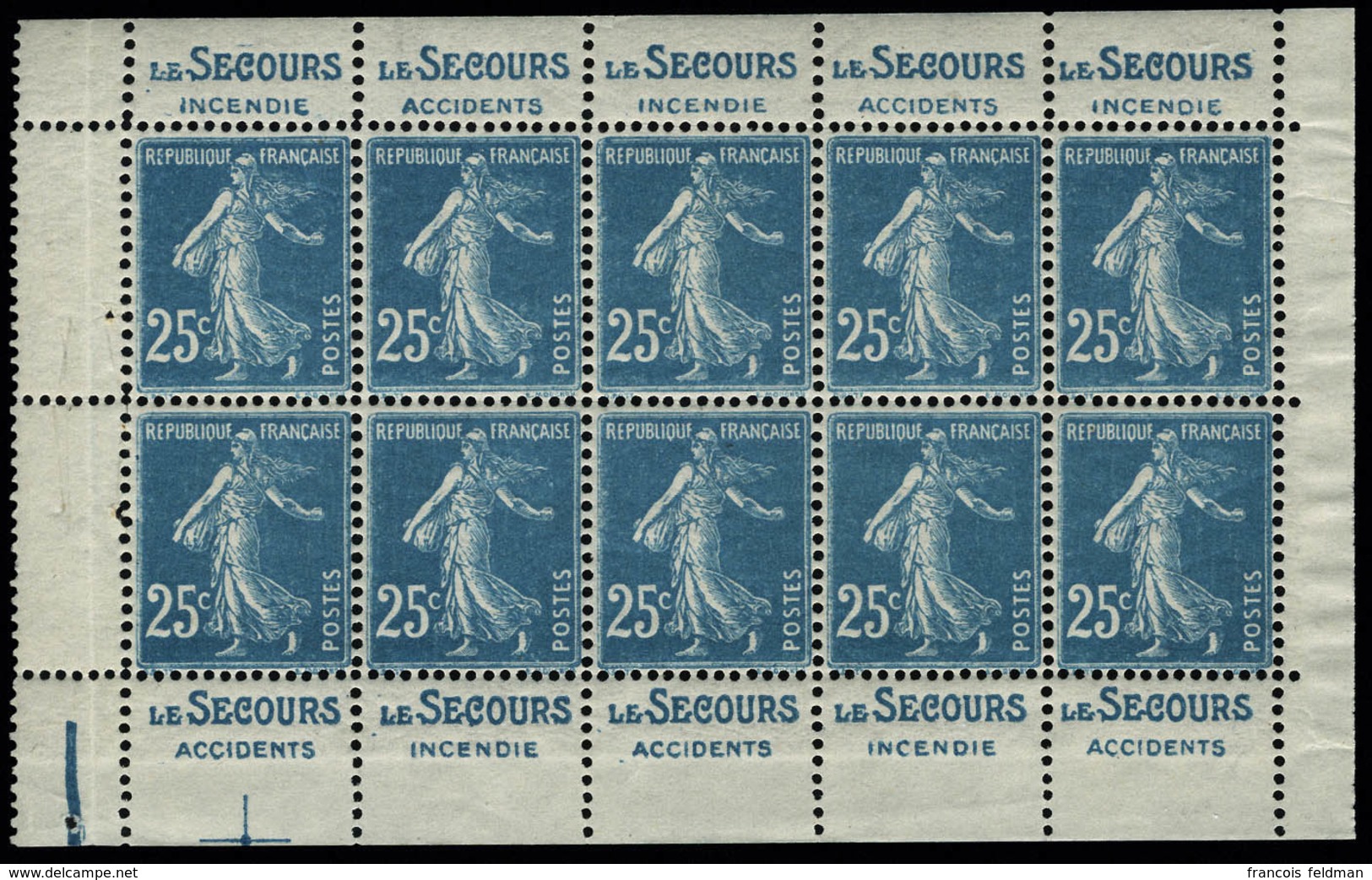 Neuf Sans Charnière N° 140f, 25c Bleu Semeuse Type II, Bloc De 10ex (moitié Droite D'intérieur De Carnet) Pub Secours, 1 - Otros & Sin Clasificación