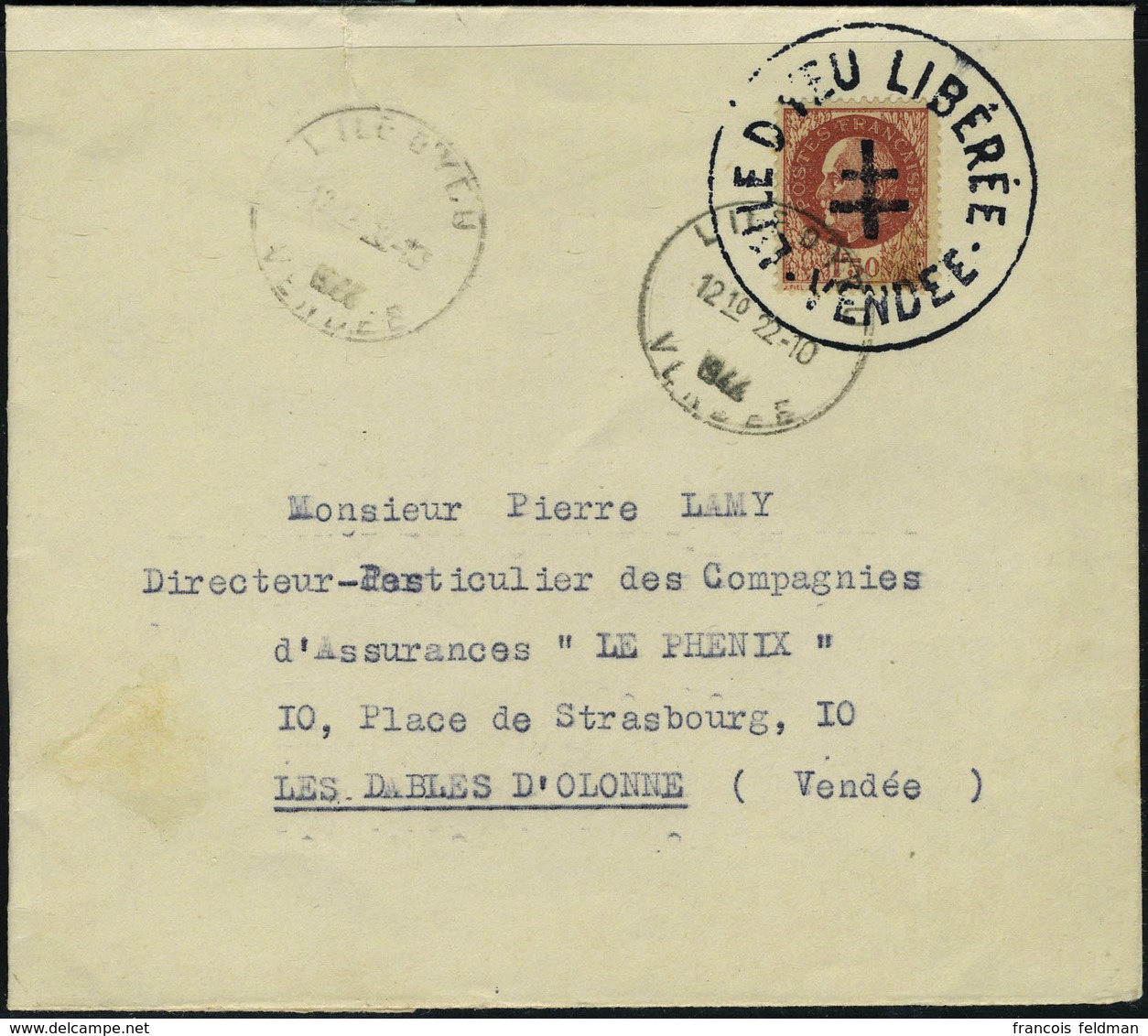 Lettre ILE D'YEU, 1.50 Pétain Obl 22.10.44 Sur L Pour Les Sables D'Olonne T.B. - Sonstige & Ohne Zuordnung