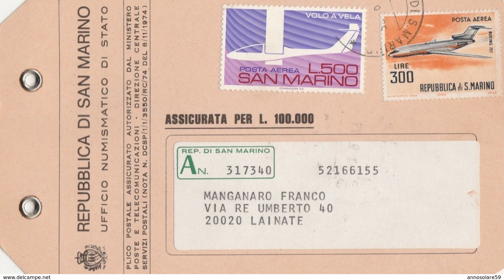AIRPLANES - SAN MARINO - STORIA POSTALE - ETICHETTA PLICCO POSTALE - BELLISSIMA 1975 - LEGGI - Altri Modi Di Trasporto