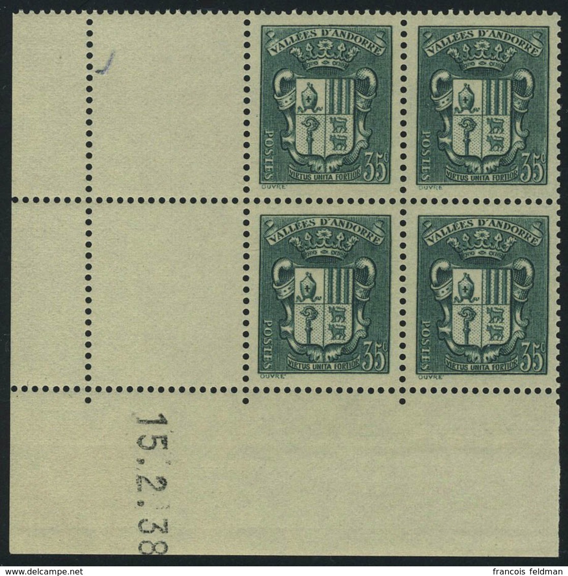 Neuf Sans Charnière N° 56, 35c Vert, Bloc De 4, CD 15.2.38, T.B. Rare - Andere & Zonder Classificatie