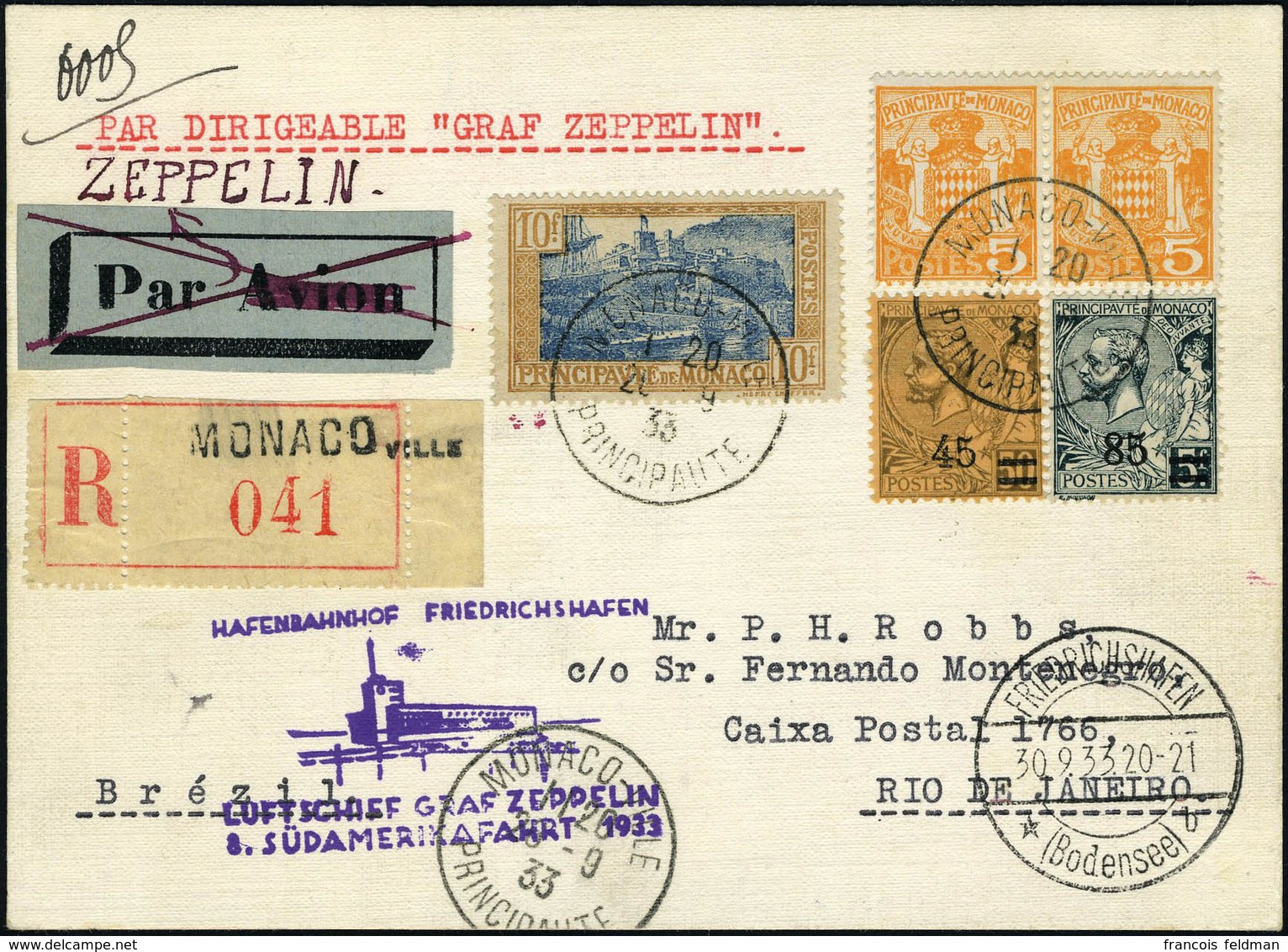 Lettre Zeppelin 8.SAF., CP Recommandée De Monaco (26.9.33), Càd De Transit Friedrichshafen 30.9.33 Et Marseille 26.9.33  - Autres & Non Classés